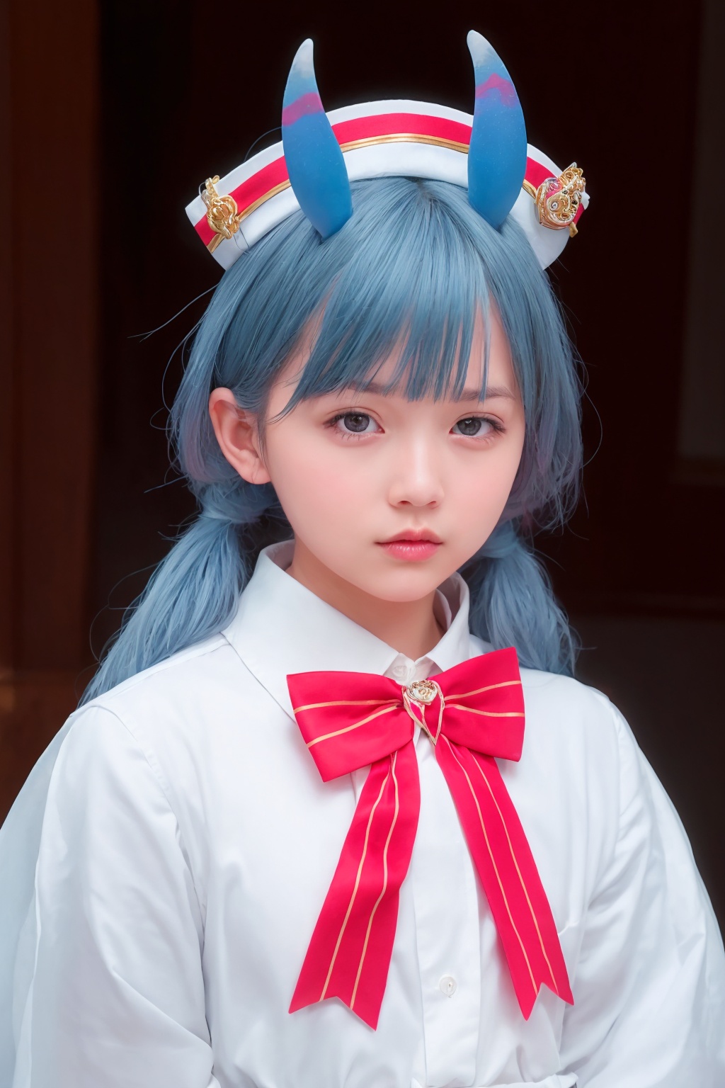 masterpiece, best quality,(photoshop \(medium\):1.4), <lora:sigewinne-v2:1>,25yo,mature female, 1girl,animal ears,blue hair,red eyes,white hair,multicolored hair,bangs,hat,low twintails,red eyes,blue dress,upper body,bowtie, 