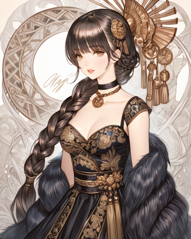 (best quality), ((masterpiece)), (highres), illustration, original, extremely detailed, <lora:NO Name Art:0.7>1girl, solo, long hair, black hair, braid, hair ornament, parted lips, dress, bangs, signature, brown eyes, choker, very long hair