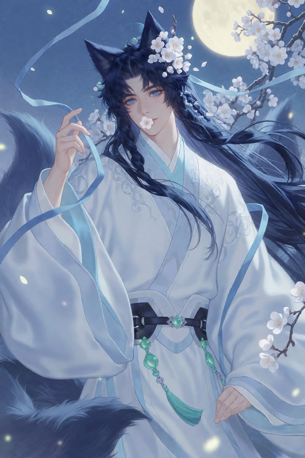 A portrait depicts a blue-eyed man with long,  flowing dark blue hair with long side bangs decorated with white blossoms h...