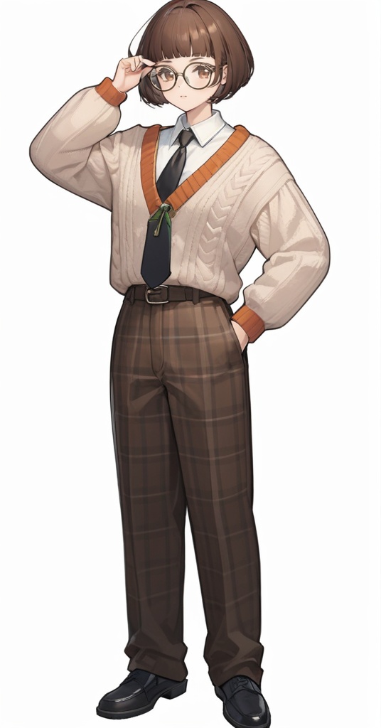 (best quality), ((masterpiece)), (highres), illustration, original, extremely detailed, <lora:GAME美学のTOP_重返未来:0.7>1girl, solo, brown hair, white background, shoes, full body, necktie, brown eyes, sweater, glasses, short hair, brown pants, long sleeves, simple background, round eyewear, adjusting eyewear, holding, collared shirt, shirt, standing, pants, white shirt, bangs, looking at viewer, plaid, blunt bangs, black necktie, brown socks, black footwear