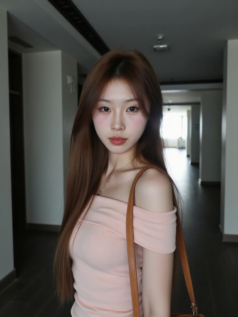 A photograph of a young Asian woman with long, straight brown hair, fair skin, and a slender physique.She wears a light pink off-shoulder top and a brown shoulder bag. The background is a dimly lit, modern hallway with white walls and dark flooring.