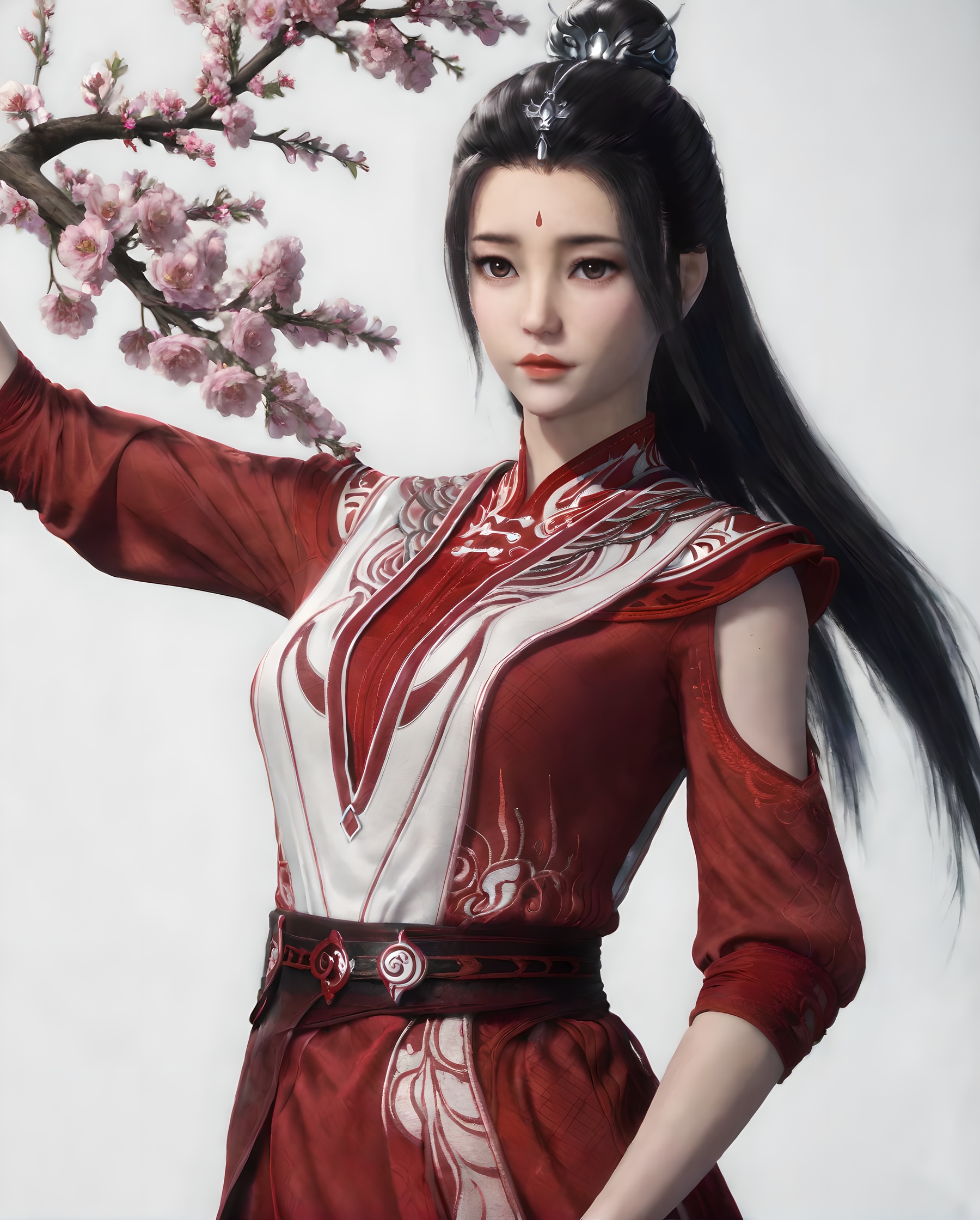 <lora:SF_YouQinXuanYa_Pony_Realism-000004:0.7>,1girl,solo,flower,dress,facial mark,hair bun,forehead mark,belt,red dress,hair ornament,standing,looking at viewer,branch,black hair,long hair,white background,falling petals,