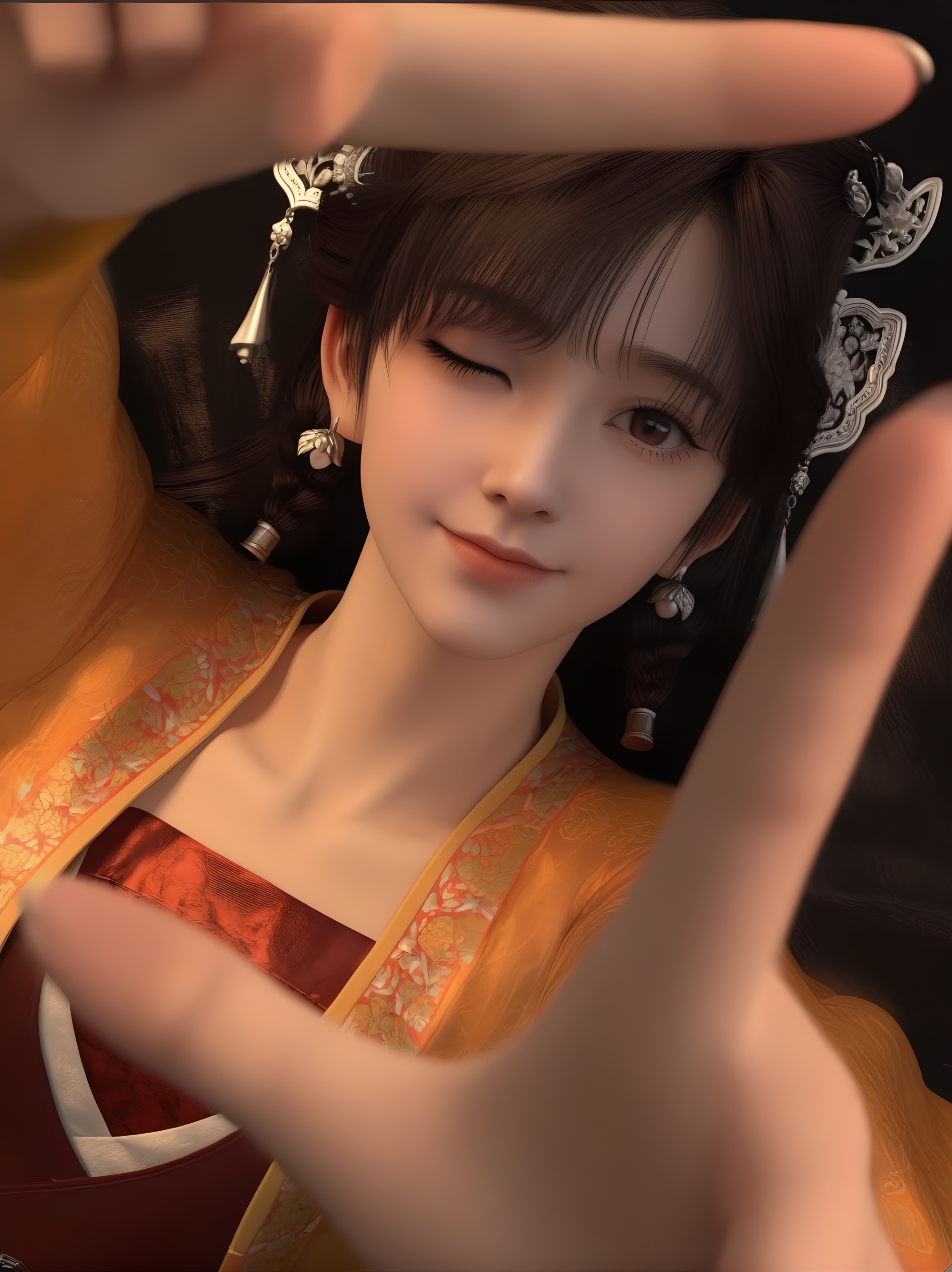 (score_9),<lora:雪见-pony:0.85>,1girl,solo,dangling tassels,filigree design,butterfly-shaped hairpiece,silver hairpins,hair ornament,dark brown hair,pearl beads,pearl earrings,twin braids,long hair,light blush,brown eyes,layered_dress,short jacket,red tube top,puffed sleeves,white inner sleeves,waist belt,embroidered cuffs,pleated skirt,xuejian,collarbone,one eye closed,smile,looking at viewer,from above,reaching towards viewer,lying,upper body,BREAK(white_skin:1.1),(fair_skin:1.1),realistic,simple background,black background,