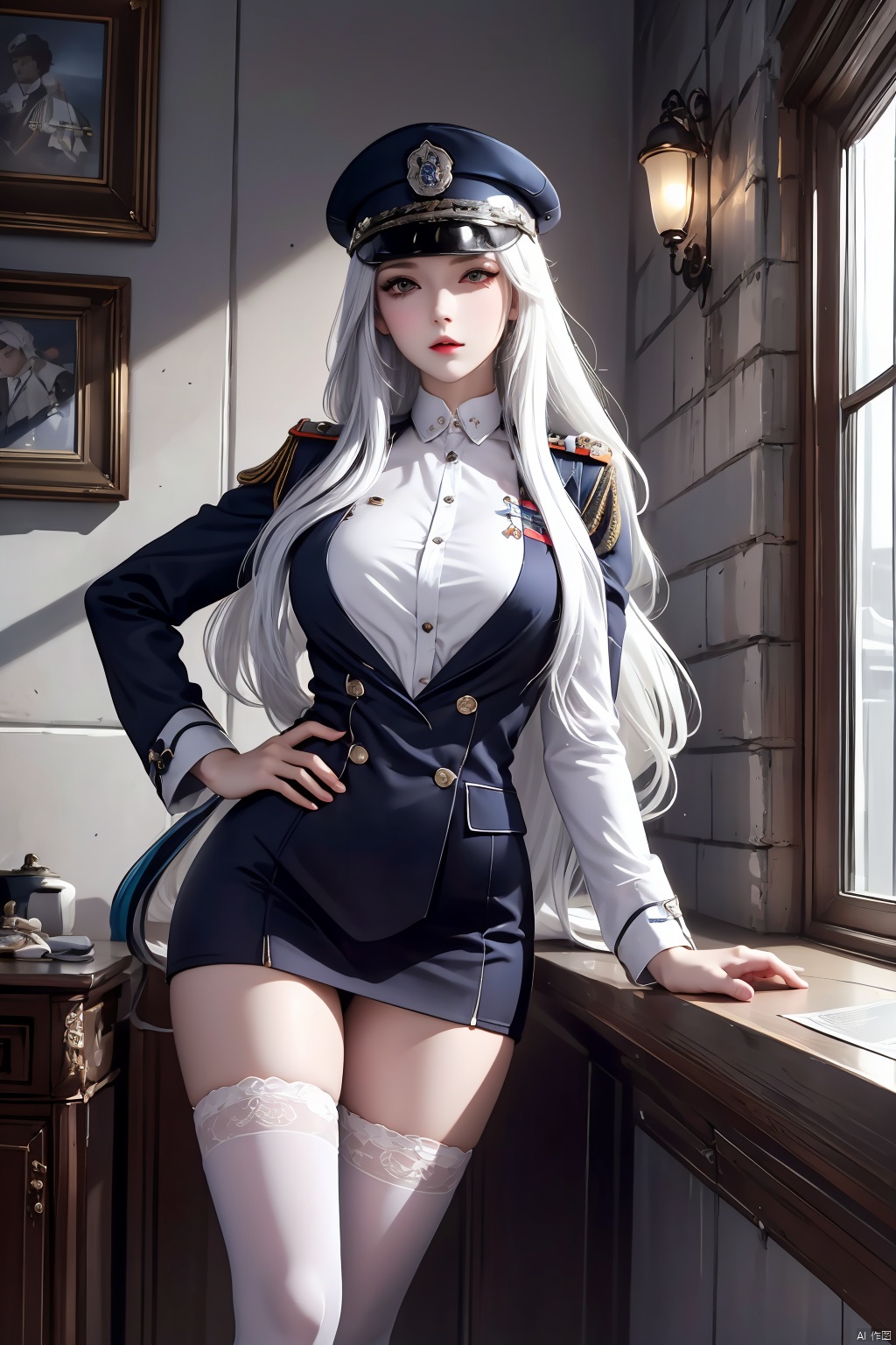 Cover Girl,Military uniforms,hat,badges, long hair, white hair,1 girl,duotone black and white,sunglasses,Gem,Black stockings, legs, newspaper background wall, bsx<lora:EMS-263174-EMS:0.800000>