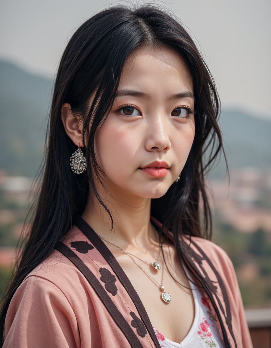 1girl, solo, young, teenage, earrings, jewelry, realistic, looking at viewer, long hair, black hair, upper body, closed mouth, chinese clothes, outdoors,