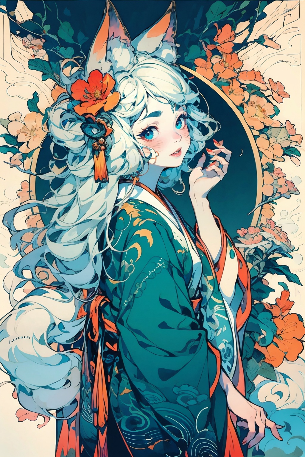 (masterpiece:1.2),best quality,highres,extremely detailed CG,perfect lighting,8k wallpaper,anime,comic,game CG,1girl,animal ears,solo,tail,blue eyes,hair ornament,looking at viewer,chinese clothing,hanfu,hair flower,fox tail,fox ears,flower,simple background,facial mark,long sleeves,upper body,hand up,spot color,whisker markings,wide sleeves,from side,tassel,closed mouth,animal ear fluff,blush,hand on own chin,bangs,white kimono,sash,parted lips,<lora:FF_20231230024508-000005>,