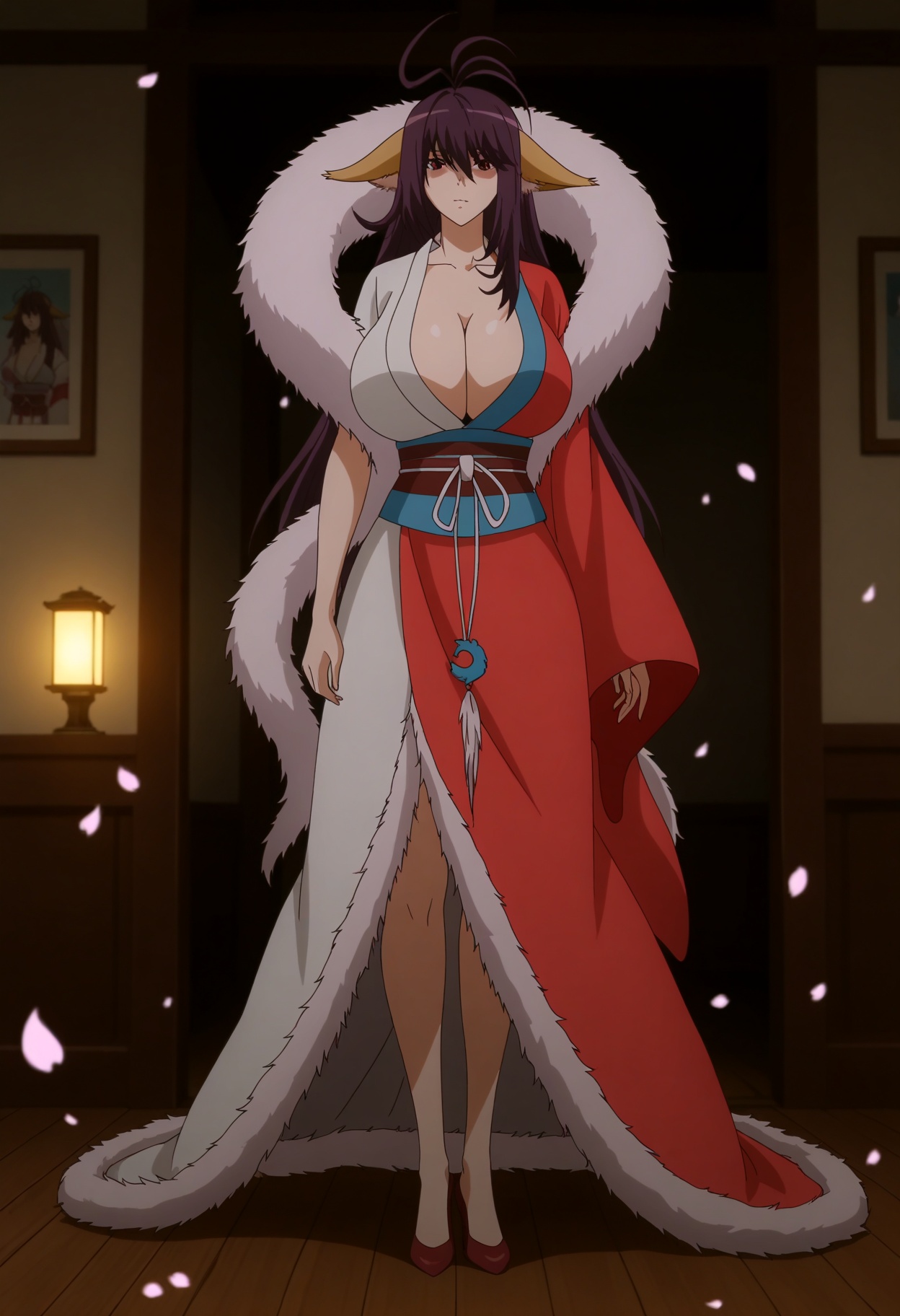 (full_body:1.1),(gigantic breasts:0.8),(slender:1.3),(looking_at_viewer:1.1),(masterpiece:1.1),(best quality:1.2),(intricate details),(smog:1.3),(Dark room:1.3),(dim lighting:1.3),peach blossom,falling petals,<lora:YQ_Illustrious光辉二次元国漫V1_tushanyaya_hongyi_V1:0.8>,q1528437228,1girl,solo,long hair,animal ears,chinese clothes,dress,red dress,purple hair,sash,antenna hair,black hair,fox ears,obi,red eyes,brown hair,fur trim,long sleeves,fur-trimmed cape,feather boa,ahoge,high heels,hair over eyes,hat,red footwear,asymmetrical clothes,masterpiece,(best quality),(intricate details:0.9) BREAK (intricate details:0.9),(realistic skin:1.2),masterpiece,best quality,newest,absurdres,hiahres,