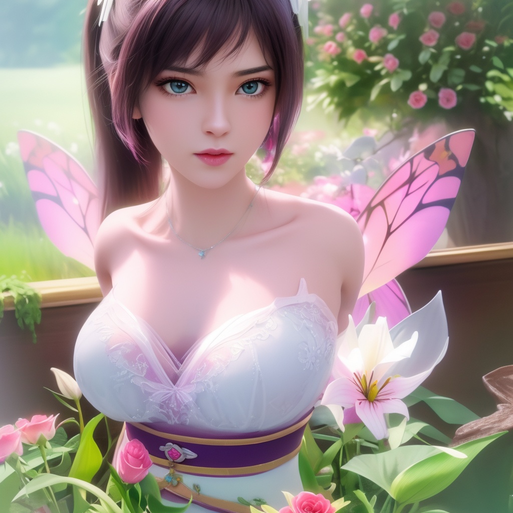 <lora:799-DA-神墓-楚钰:0.8>, (,1girl, ,best quality, ),,  ,ultra detailed 8k cg,ultra realistic 8k cg,1girl, solo,(bare shoulders:0.85),(masterpiece, best quality),((oil painting style)),sexy young lady,(beautiful face and eyes),(upper body:1.5),(whole body:1.05),(single person:1.2),surrounded by flowers, (lily), roses, floret, vegetation, white, purple, purplish pink,Impressionism,colorful,(Breast size:1.3),(cleavage),, butterfly,(sit),
