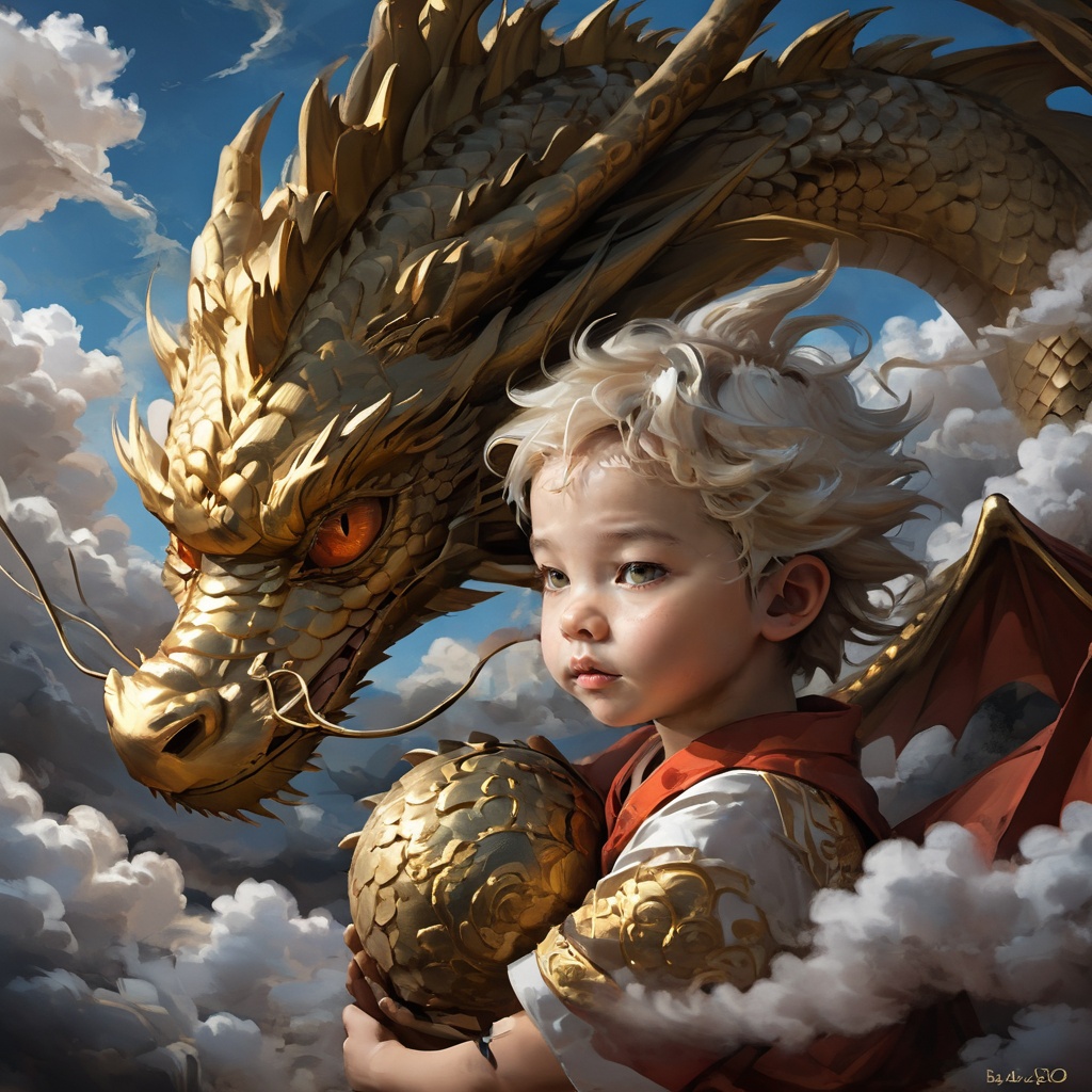 lbbao,dragon,child,male focus,solo,cloud,<lora:龙宝宝:0.8>,