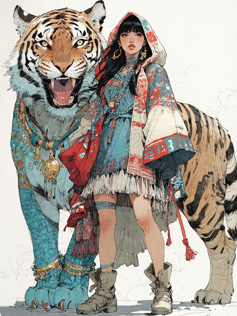 Bradhamel art style. A young Indigenous woman with long dark hair and a colorful patterned hood stands confidently in fron...
