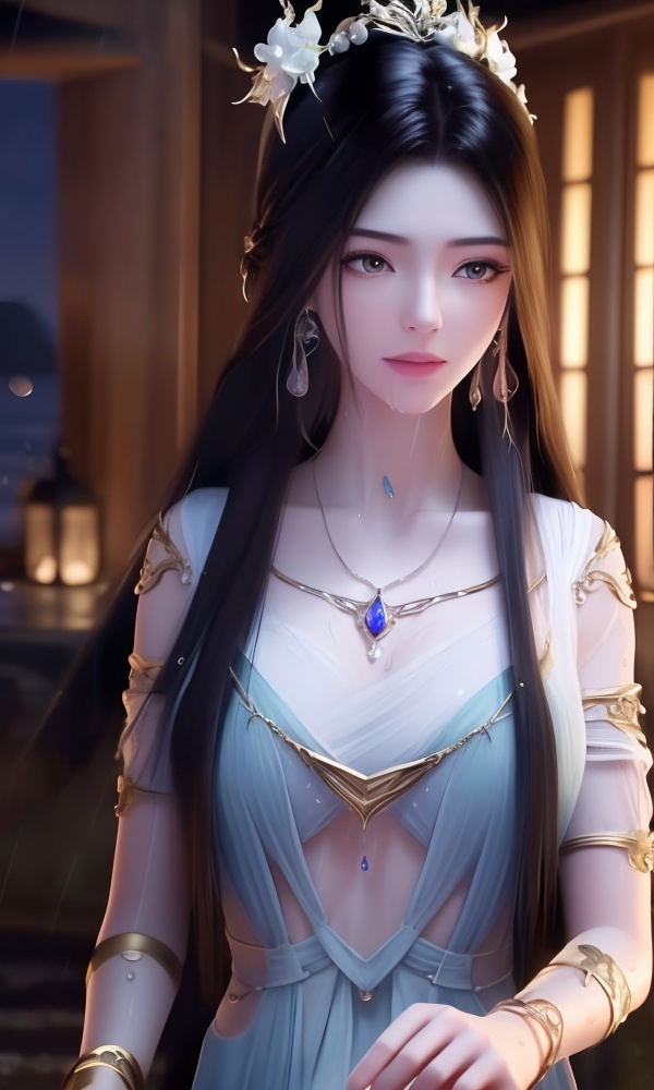 <lora:395-DA-凡人修仙传-紫灵:0.8> ,(,1girl, ,best quality, ),looking at viewer, ,ultra detailed 8k cg, ultra detailed background, ultra realistic 8k cg,  ,masterpiece((((1girl, solo,  , ,solo focus, wet,sweat, ocean,rain, water drop, )))) (, , sweatdrop, flying sweatdrops, sweating profusely,colorful drop \(module\), ) flawless, clean, masterpiece, professional artwork, famous artwork, cinematic lighting, cinematic bloom,  dreamlike, unreal, science fiction, luxury, jewelry, diamond, gold, pearl, gem, sapphire, ruby, emerald, intricate detail, delicate pattern, charming, alluring, seductive, erotic, enchanting, hair ornament, necklace, earrings, bracelet, armlet,halo, , jewelry, necklace, solo, , , , hair_ornament, , earrings,large breasts,,  , ,