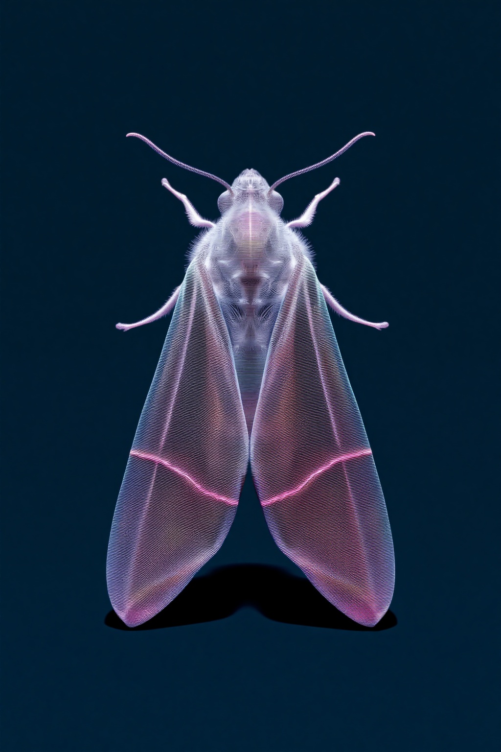 beijihui,Captured at eye-level, a close-up shot of a moth's head and wings, positioned in front of a dark blue background. The moth's body is covered in a transparent transparent material, creating a striking contrast against the dark blue backdrop. The wings are adorned with pink stripes, adding a pop of color to the otherwise monochromatic image. The head of the moth is positioned at the top of the frame, with two long, thin wings protruding from the sides of the wings. The body is positioned in a way that creates a striking visual effect, with the moth's shadow below it.