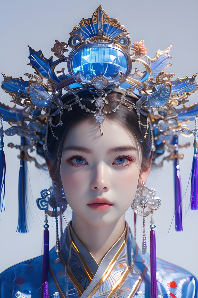 1beauty,colorful,neon lights,Cyberpunk beauty,artist name,bangs,blue eyes, closed mouth ,earrings ,eyelashes ,face, glowing ,gradient, gradient background ,hair ornament ,hair stick ,halo ,jewelry ,lips ,long hair, looking at viewer ,makeup ,mascara, portrait ,simple background ,solo, tassel ,upper body ,cyberpunk ,3d, neon light ,Bagua ,Tai Chi ,future technology, glow, glow effect ,high detail, best quality ,Tang Dynasty clothing ,hanfu , <lora:20240218-1708234260649:0.7>, <lora:lora_美女大胸写实:0.4>, <lora:meinv123:0.6>