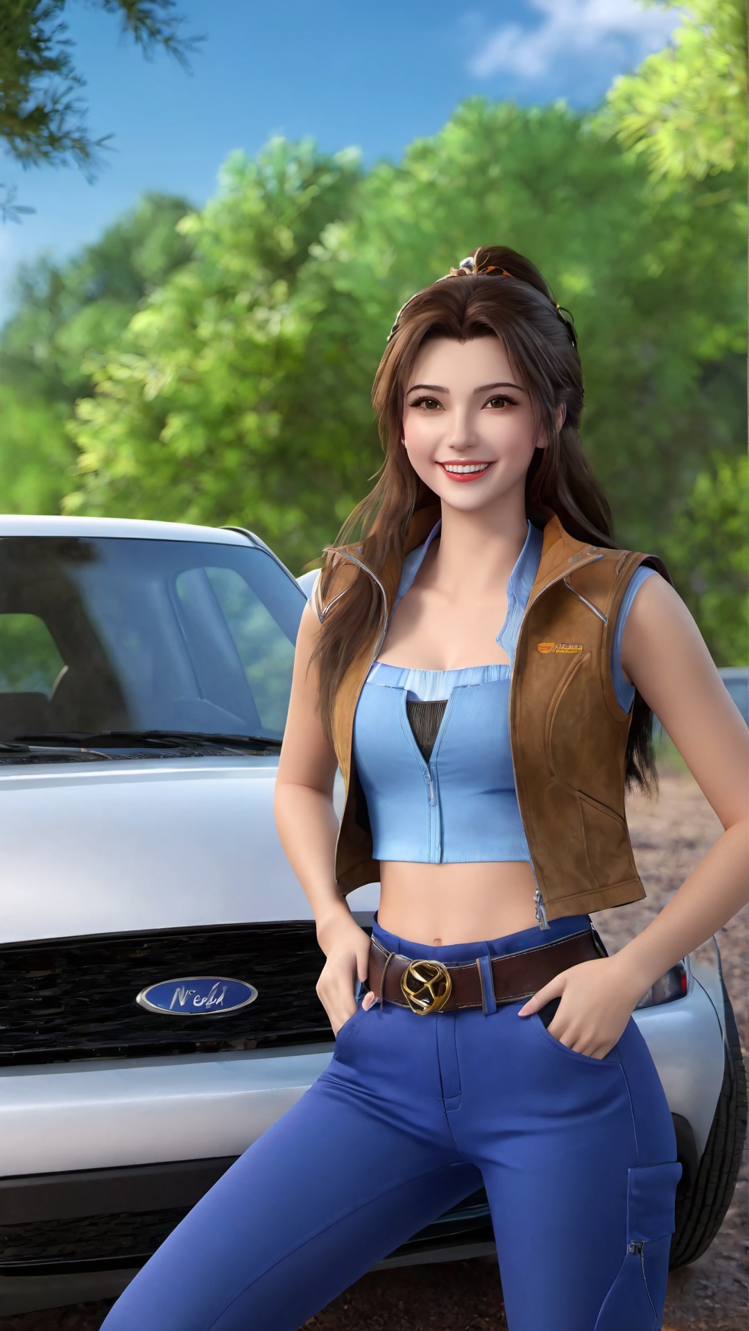 1girl,car,solo,motor vehicle,long hair,navel,ground vehicle,brown hair,belt,smile,brown eyes,outdoors,looking at viewer,realistic,tree,midriff,pants,tube top,photo background,vest,teeth,breasts,<lora:仙逆-王林-马良-李慕婉合一:0.83>,