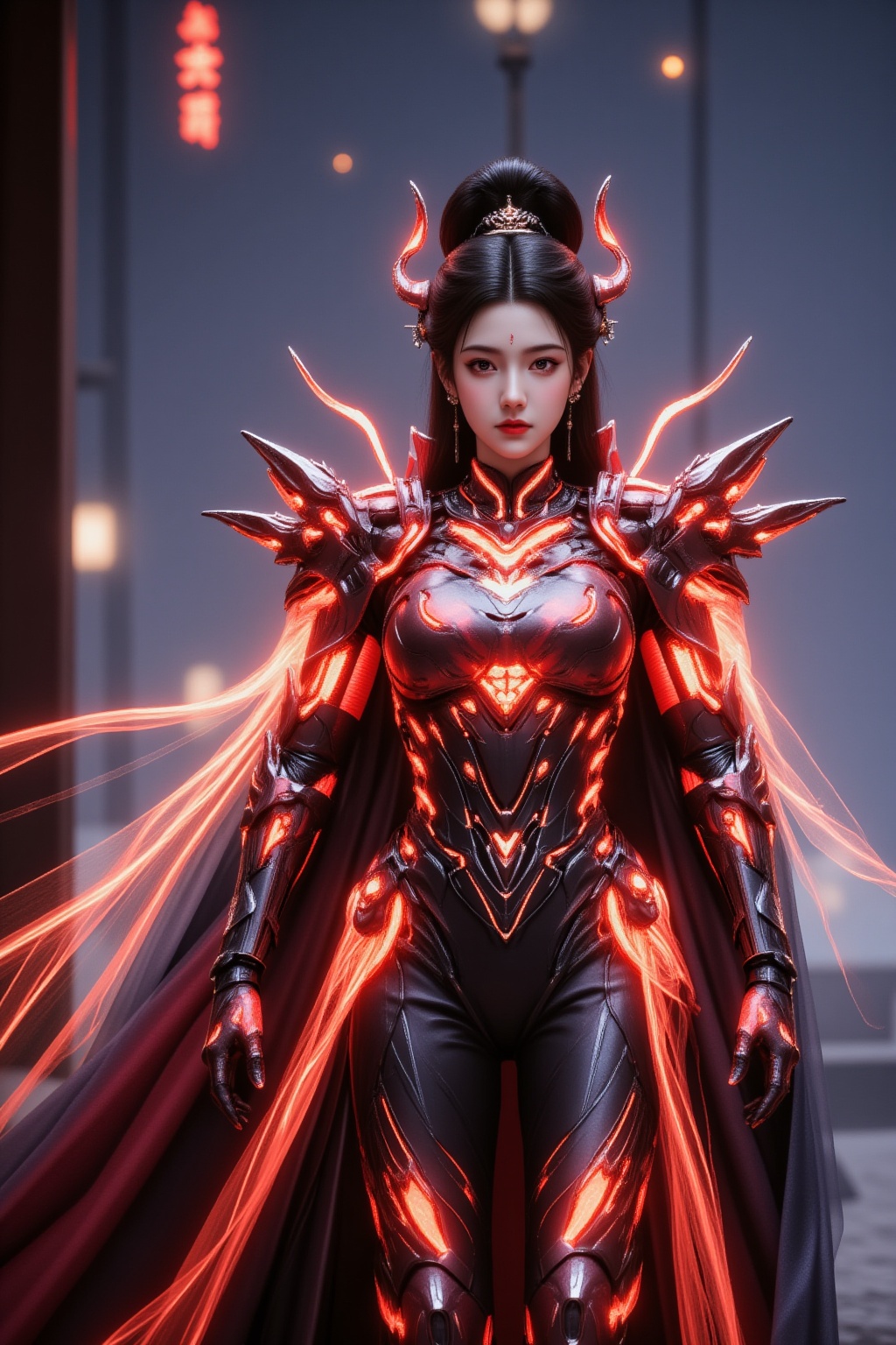 girl,armor,red glowing armor,full body,hanfu,glowing cloak,ground vehicle,motorcycle,cyber style,
