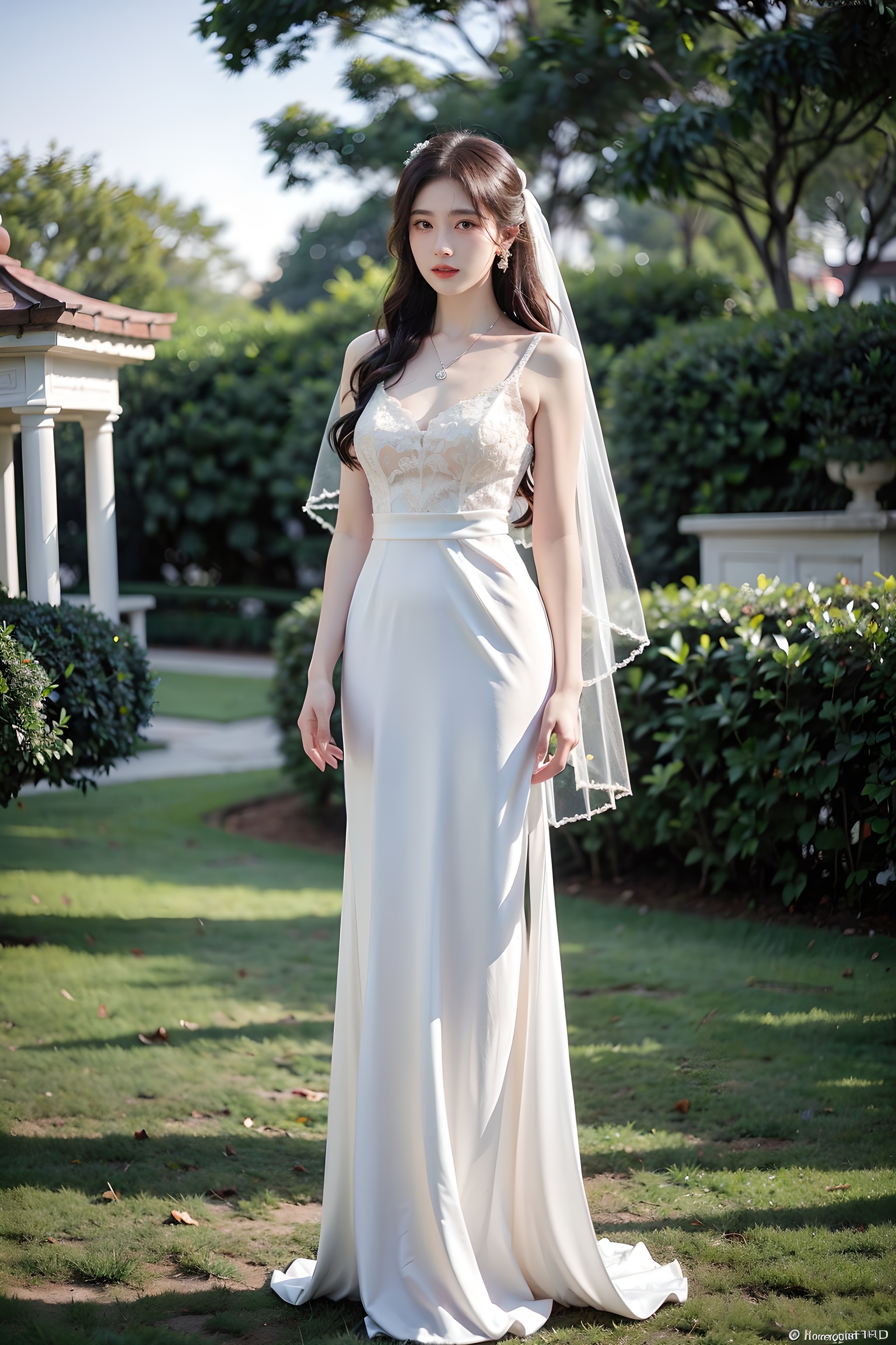 1girl,artist name, solo, watermark,wedding dress,outdoors,lawn,background blur:1.2,pendant necklace,earring pendant,wedding veil,wedding site,wedding venue,masterpiece, best quality, 8k, cinematic light, ultra high res, Filming a blockbuster, FA, (MP-E, Macro, 65mm, f/2.8), Surreal, 32k, RAW Photo, (High Detail Skin: 1.2), 8k UHD, High Quality,(full-body shot:1.4),(best quality, masterpiece, photorealistic, realistic)<lora:abel好看的姿势:0.65> <lora:YFilter_BeautyFace_CN_V1:0.3> <lora:丝织品:0.1>