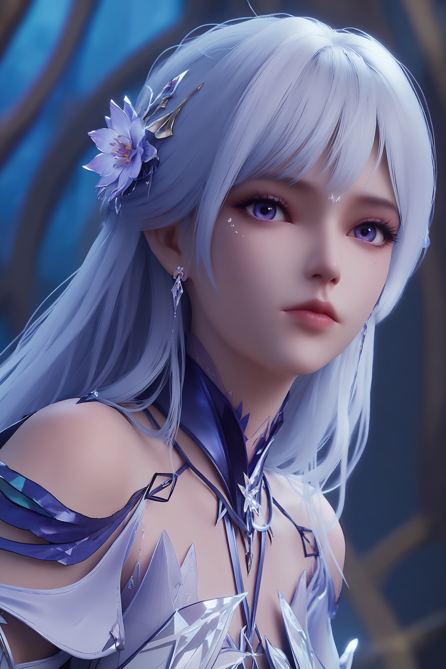 Close-up details, looking at viewer, score_9, score_8_up, score_7_up  <lora:圣采儿-新装Pony:0.7>  long silver hair,flower accessory ,white and silver armor, crystalline patterns,high collar,long sleeves,skirt,