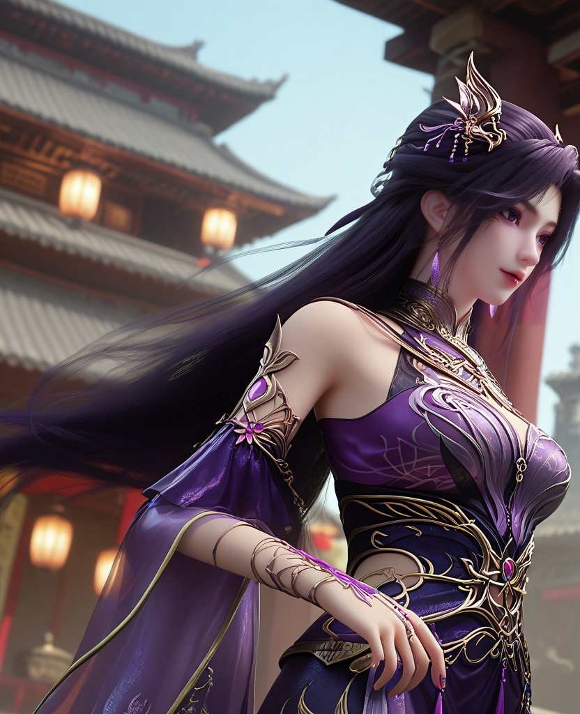 (oriental architecture, elegant decor, sophisticated style:1.1),(arms at her side:1.1),(breasts:1.2),<lora:XL16长生界燕倾城:0.95>,miss yanqiancheng,purple dress,purple eyes,eyeshadow,very long hair,dark purple hair,hair ornament,earrings,jewelry,bare shoulders,detached sleeves,wristlet,sash,, score_9,score_8_up,score_7_up,score_6_up,score_5_up,score_4_up,3d rendering,tag1,tag2, Cinematic Lighting,backlighting,