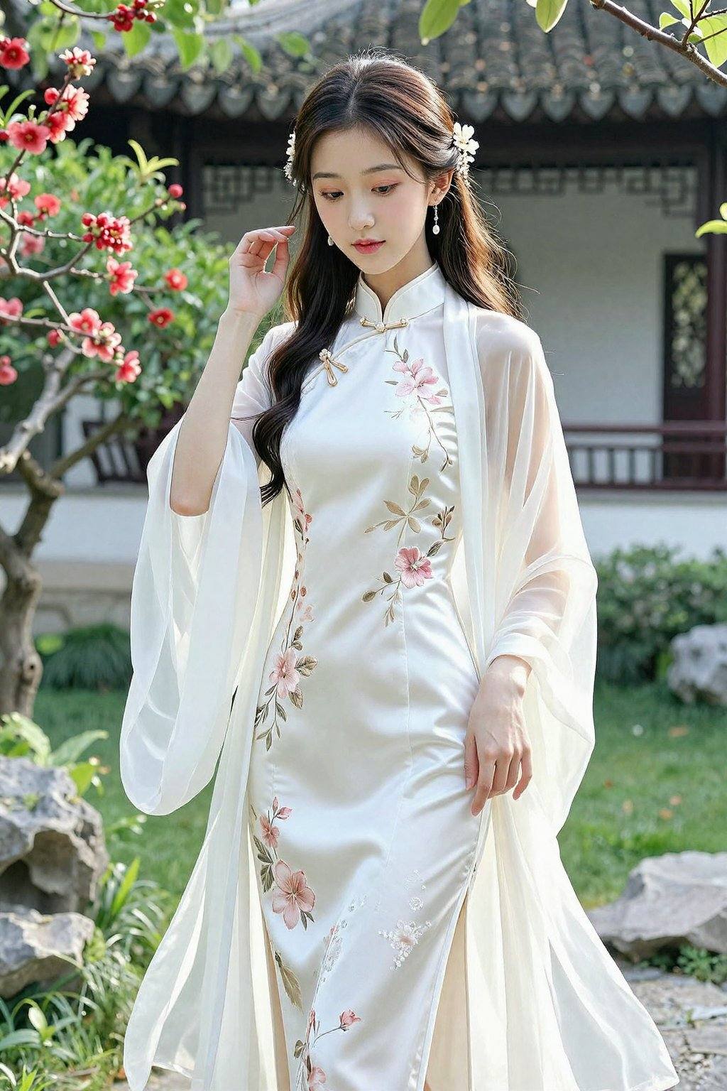 <lora:20260302_TinZITSharpnessSliderLora_v1_000000090:2>, This photograph captures a young Asian woman standing in a serene garden setting, bathed in soft, natural light. She has long, wavy dark brown hair adorned with delicate floral hair accessories. Her complexion is fair, and her makeup is subtle yet elegant, featuring soft pink lipstick and light eye shadow. She is dressed in a traditional Chinese outfit, known as a qipao, which is a form-fitting dress with a high collar and long sleeves. The dress is predominantly white with delicate floral embroidery in shades of pink and beige, adding a touch of elegance and femininity.Her qipao is paired with a matching sheer, white overcoat that flows gracefully, accentuating the outfit's fluidity. The fabric appears to be a blend of silk and chiffon, giving it a soft, luxurious texture. She holds her right hand delicately near her face, while her left hand rests by her side. The background features a traditional Chinese garden with blooming red flowers and green foliage, and a classical building with a tiled roof, contributing to the cultural and historical context of the image. The overall mood is serene and graceful, capturing a moment of tranquility and beauty.