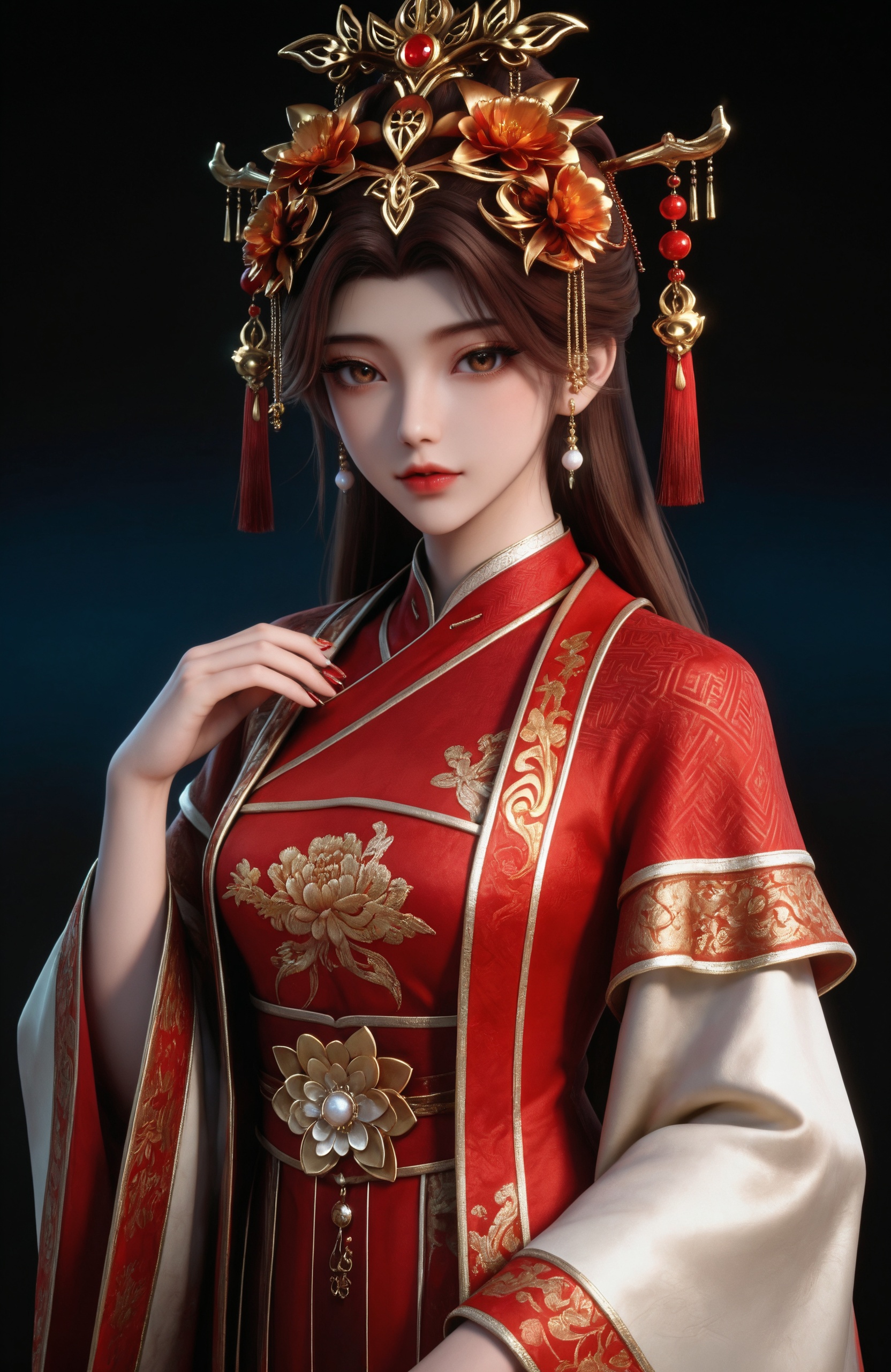 <lora:百炼成神3-新娘IL:0.7> 1girl, brown hair, long hair, hair ornament, brown eyes, earrings, chinese clothes, red dress,long sleeves, wide sleeves,, solo,upper body,looking at viewer,gradient background,gradient,blue background,black background,