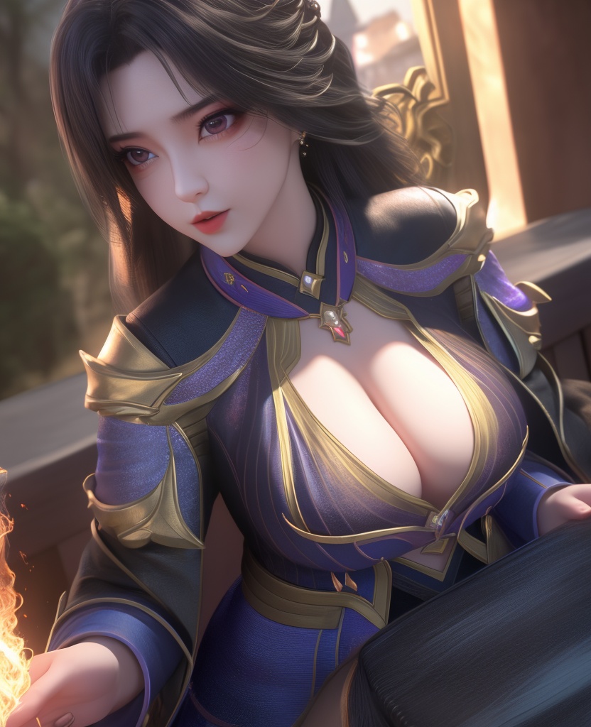 <lora:549-DA-百炼成神-司妙玲:0.8>(,1girl, ,best quality, ),looking at viewer,ultra detailed background,ultra detailed background,ultra realistic 8k cg, ,masterpiece, (( , )),     ,castle,     pyrokinesis,  (cleavage), (),