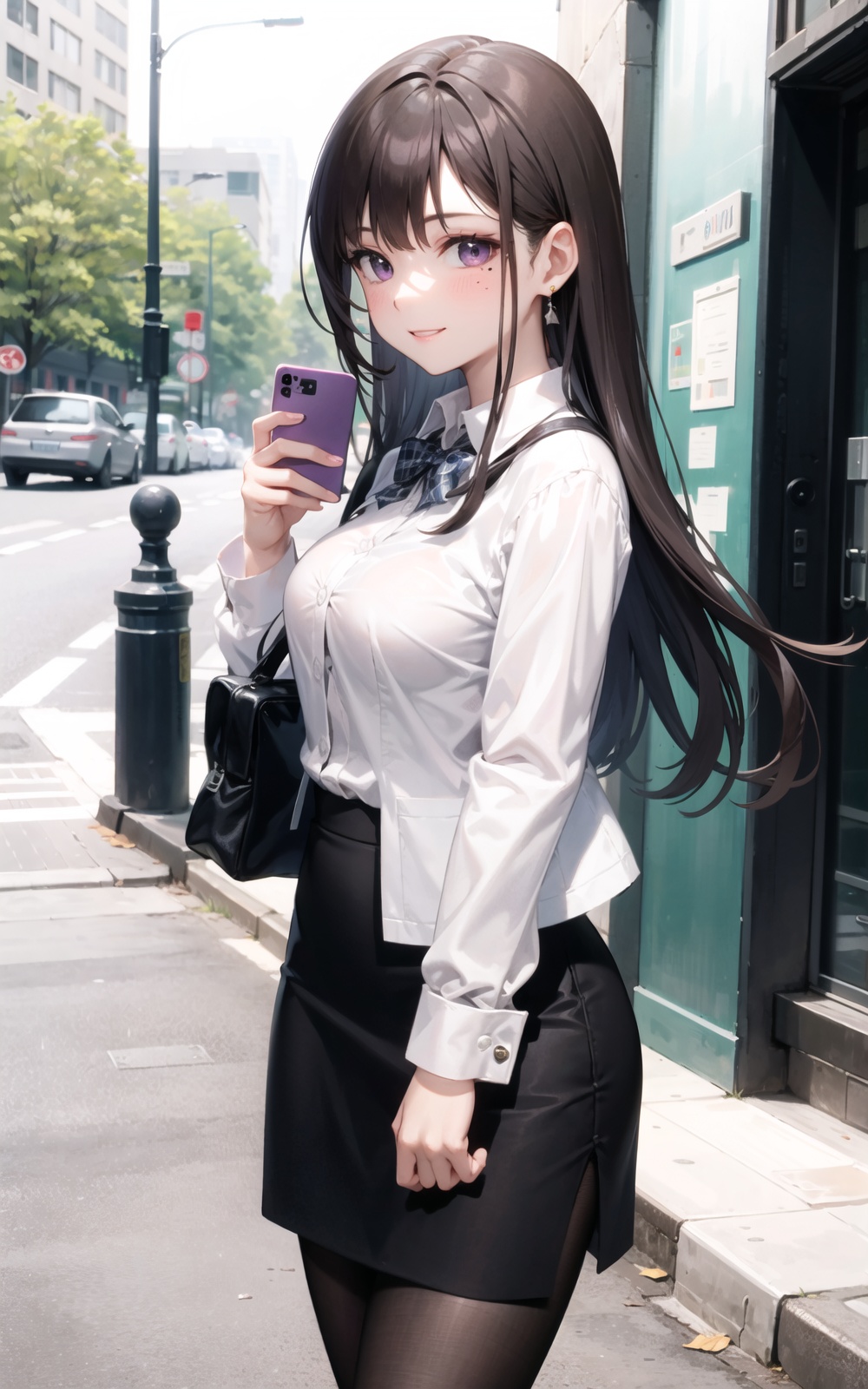 cellphone, holding_phone, phone, smartphone, bag, 1girl, plaid, charm_\(object\), school_bag,high_heels, pantyhose, brown_hair, skirt, purple_eyes, solo, pencil_skirt, mole, smile, looking_at_viewer, black_footwear, long_hair, office_lady, sleeves_rolled_up, mole_under_eye, blushblack_hair, jacket