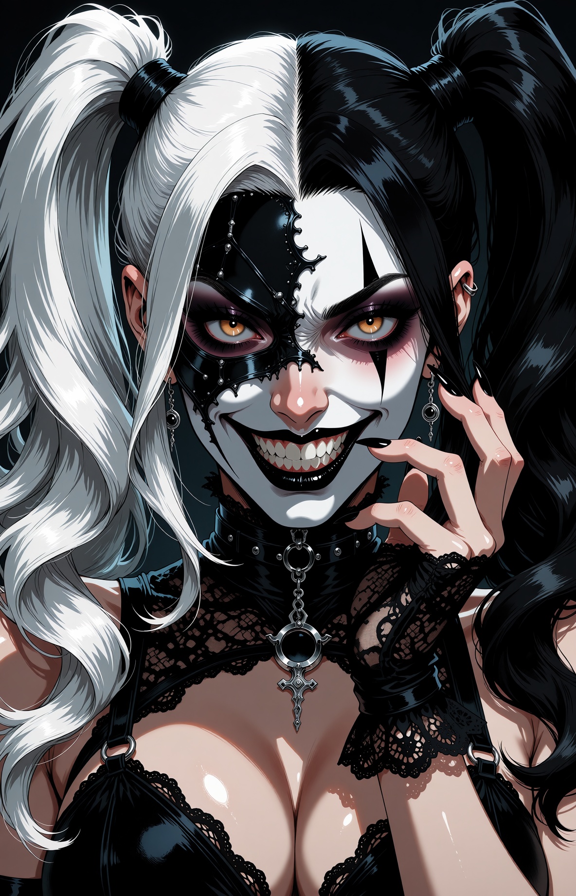 A woman with a striking asymmetrical appearance fills a dark portrait. Her long wavy hair forms two high pigtails,  one si...