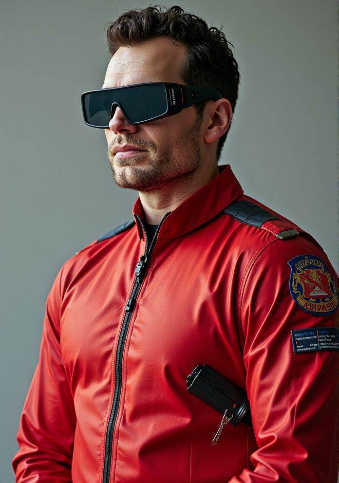 sks man ,  Hi-res photo. He wears futuristic electronic glasses. He is wearing a light red,  close fitting flight suit mad...