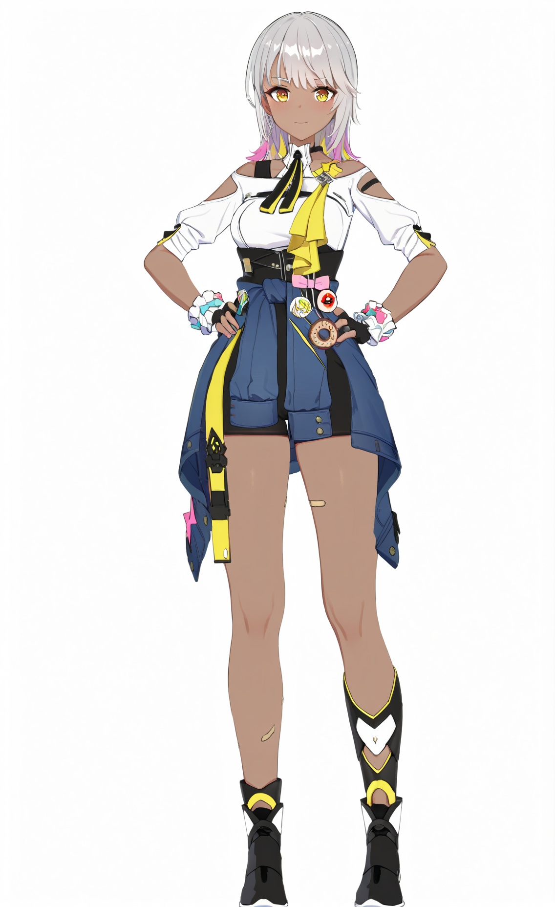 8k, best quality, masterpiece, (ultra-detailed), (high detailed skin), (white background:1.6), (full body:1.2), (white background), standing, looking at viewer, (solo:1.2), hands on hips, <lora:Carol-A3-Tanger-000014:0.8>, Carol, def clothes, 1girl, gloves, fingerless gloves, dark-skinned female, dark skin, black gloves, clothes around waist, yellow eyes, black footwear, grey hair, (beautiful_face), ((intricate_detail)), clear face, ((finely_detailed)), fine_fabric_emphasis, ((glossy)), full_shot, 