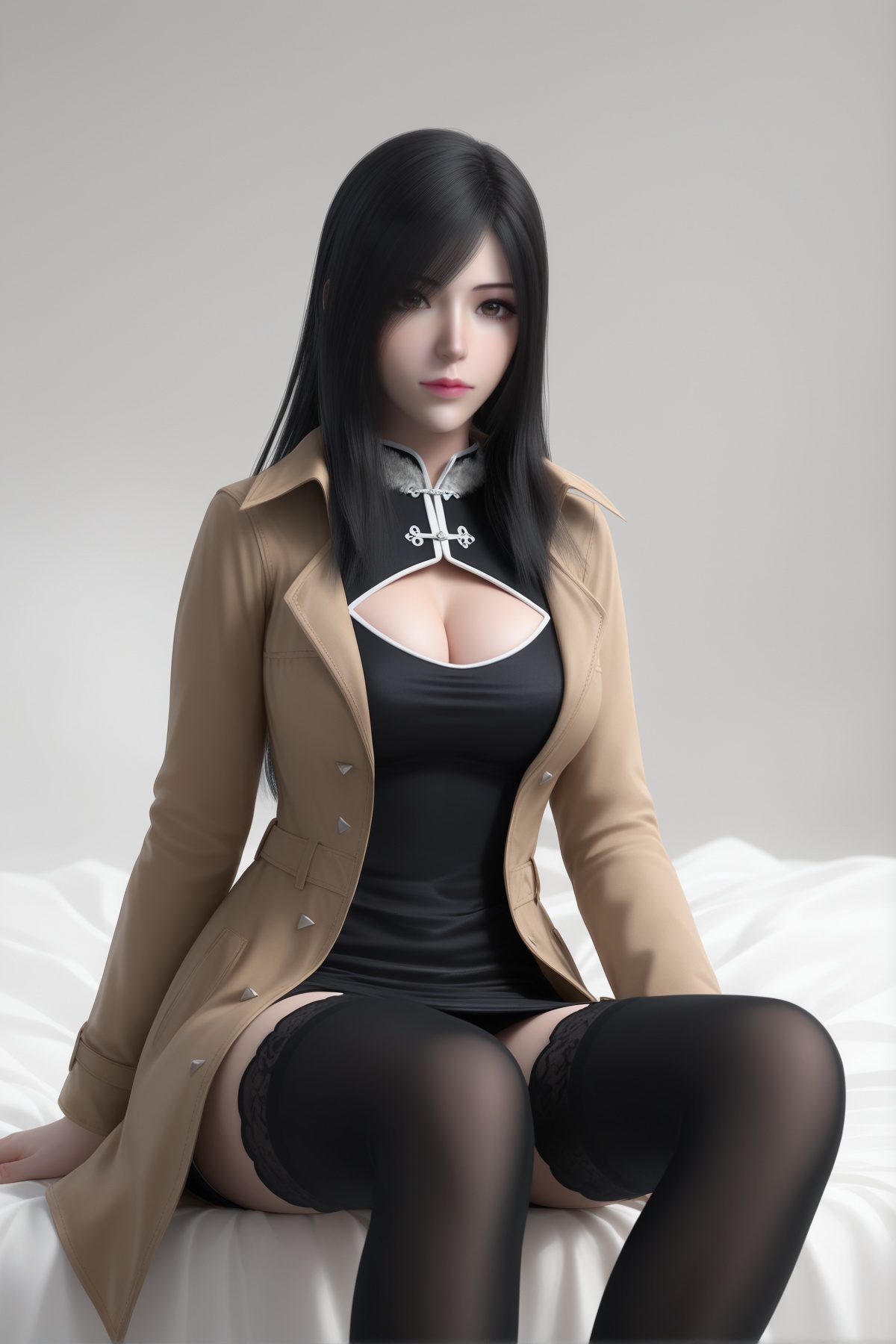 masterpiece,best quality,realistic,cinematic,detail eyes,(ultra-detailed),perfect composition,intricate details,absurdres,detailed face,high quality,high res,8K,<lora:X_liangbing_IL3.0:0.8>,1girl,thighhighs,surcoat,cleavage cutout,breasts,black hair,solo,clothing cutout,cleavage,long hair,large breasts,dress,black thighhighs,brown eyes,zettai ryouiki,looking at viewer,sitting,bed,simple background,