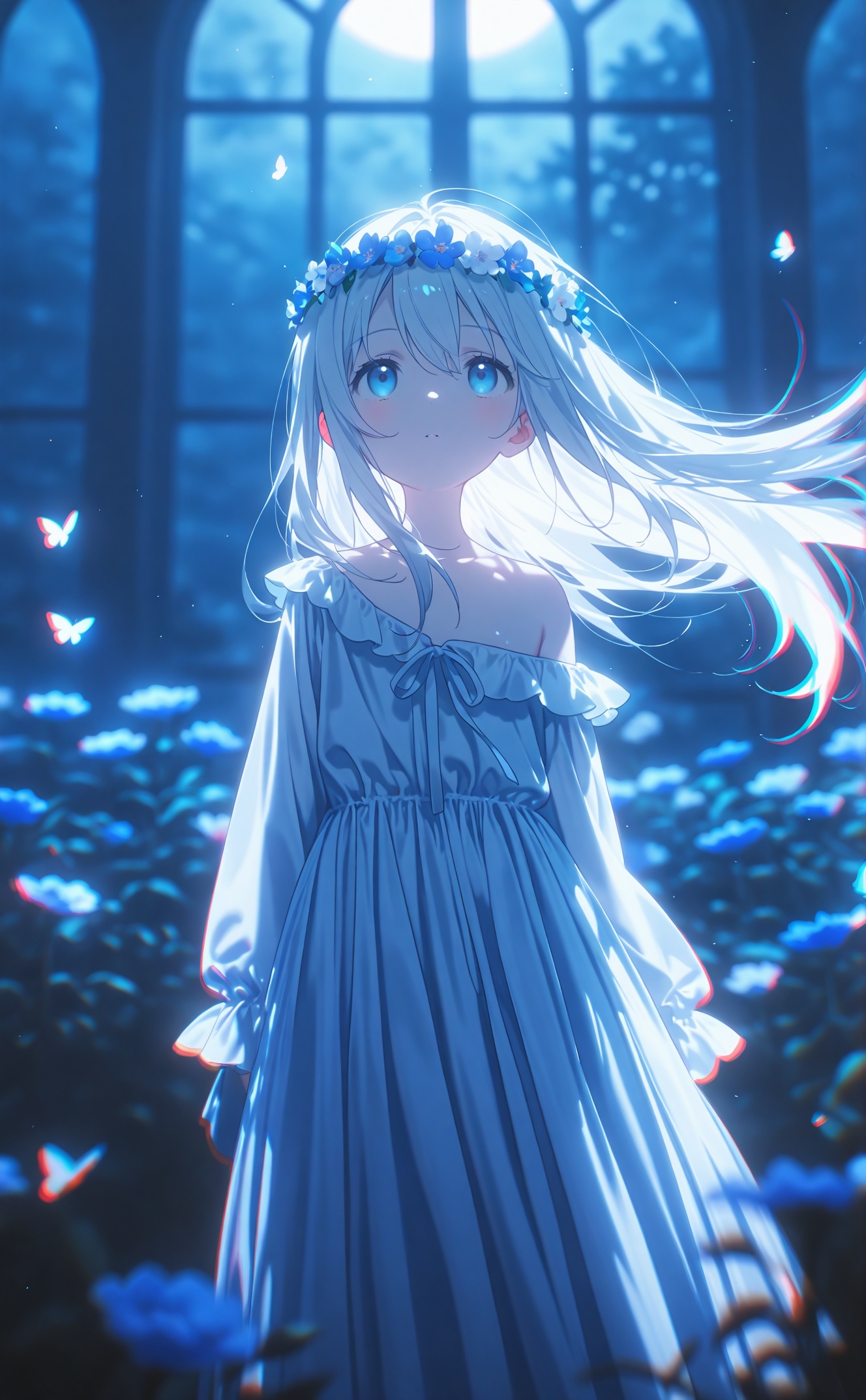 masterpiece,best quality,high quality,loli,chromatic_aberration,Blue Theme,artist:konya_karasue,//loli,night,gothic,long dress,1 girl,solo,long white hair,blue eyes,detailed eyes,blink and youll miss it detail,butterfly,flower garden,high quality,floral background,very detailed,off shoulder,//,official art,depth of field,detailed light,blurry background,cinematic lighting,ray tracing,ultra detailed,god rays,backlighting,photo background,film grain,chromatic aberration,volumetric lighting,depth of field,blurry background,shiny skin,floating hair,cinematic lighting,day,very aesthetic,cowboy shot,look up,head wreath,