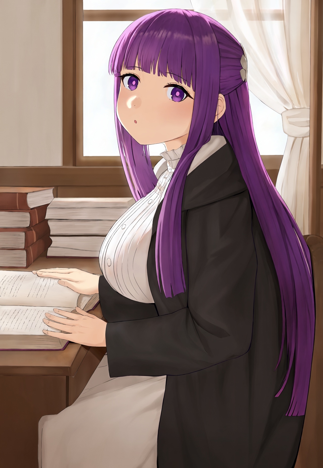 1girl,  fern \(sousou no frieren\),  sitting at desk on Tensor.Art