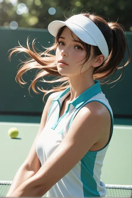 masterpiece,best quality,absurdres,realistic,dynamic,bokeh,1girl,tennis uniform,sweat,motion,action