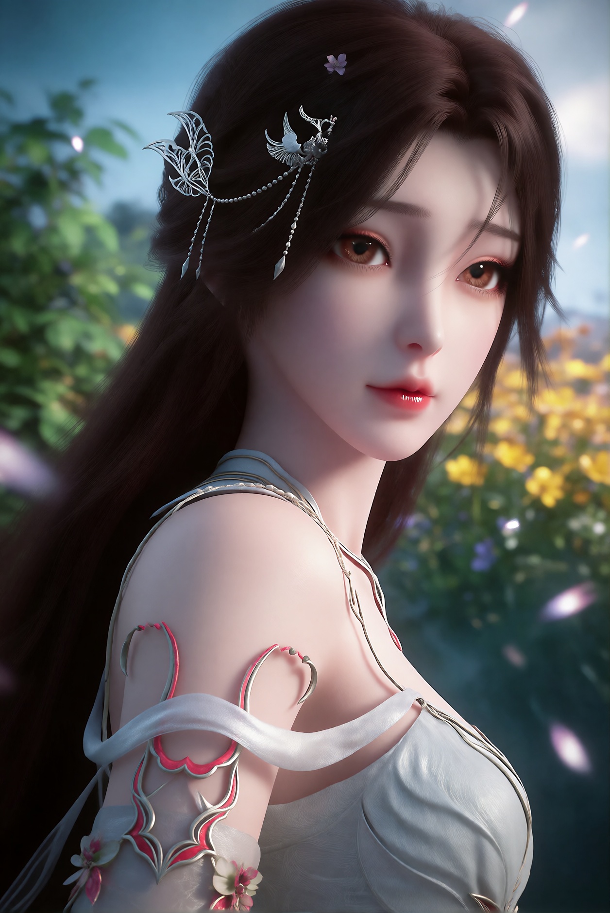 a young woman with a delicate,  ethereal quality. She has fair skin,  large expressive brown eyes on Tensor.Art