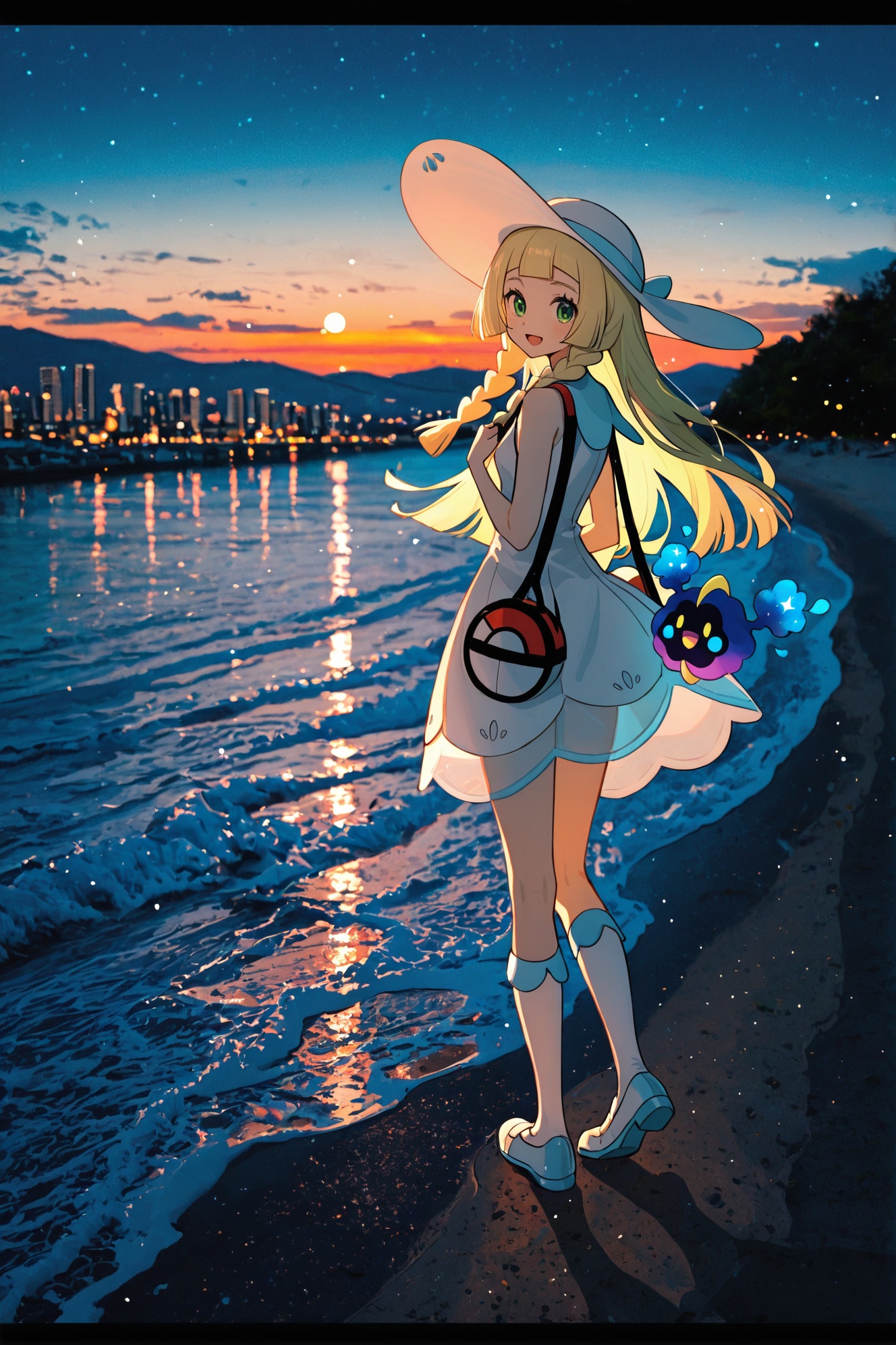 masterpiece,best quality,1girl,lillie \(pokemon\),long hair,hat,dress,pokemon \(creature\),sky,sleeveless dress,blonde hair,outdoors,sleeveless,cosmog,open mouth,white headwear,green eyes,bag,white dress,sun hat,water,braid,standing,city,socks,bangs,night,cloud,cityscape,sunset,looking back,blunt bangs,kneehighs,building,city lights,shoes,duffel bag,twin braids,mountain,ocean,smile,bare arms,collared dress,letterboxed,poke ball theme,:d,full body,walking,white footwear,skyline,beach,twilight,evening,road,night sky,from behind,looking at viewer,scenery,sundress,shore,skyscraper,shadow,star \(sky\),blue footwear,bare shoulders,horizon,river,reflection,orange sky,handbag,town,mountainous horizon,short dress,looking to the side,sparkle,blush,shoulder bag,gradient sky,blue sky,sand,see-through,tree,XUER guangying,<lora:2dRealPhoto_Background:0.3>,2dReal,((photo background, film grain)),dark,blurry background,depth of field,impressionism,<lora:add-detail-xl:0.3>,<lora:lightingSlider:-0.3>,detailed,<lora:noobai_vpred_1_masterpieces_v23:0.3>,nyaqiq,<lora:mon_monmon2133:0.3>,