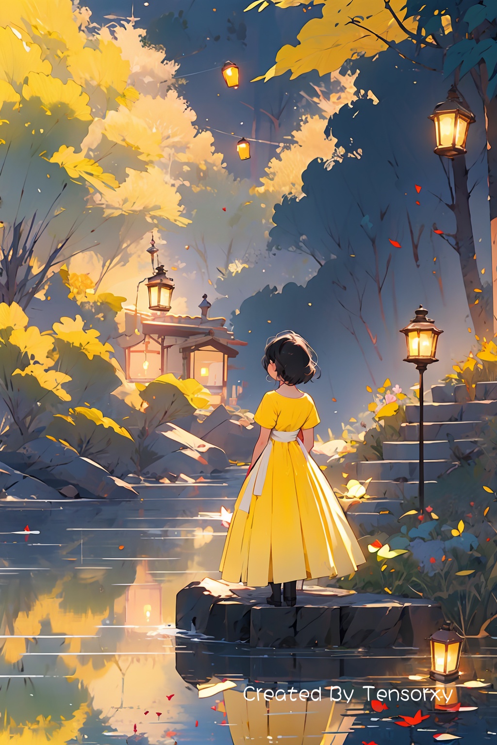 1girl, solo, short_hair, black_hair, dress, standing, short_sleeves, outdoors, water, from_behind, tree, leaf, scenery, reflection, lantern, facing_away, yellow_dress, yellow_theme