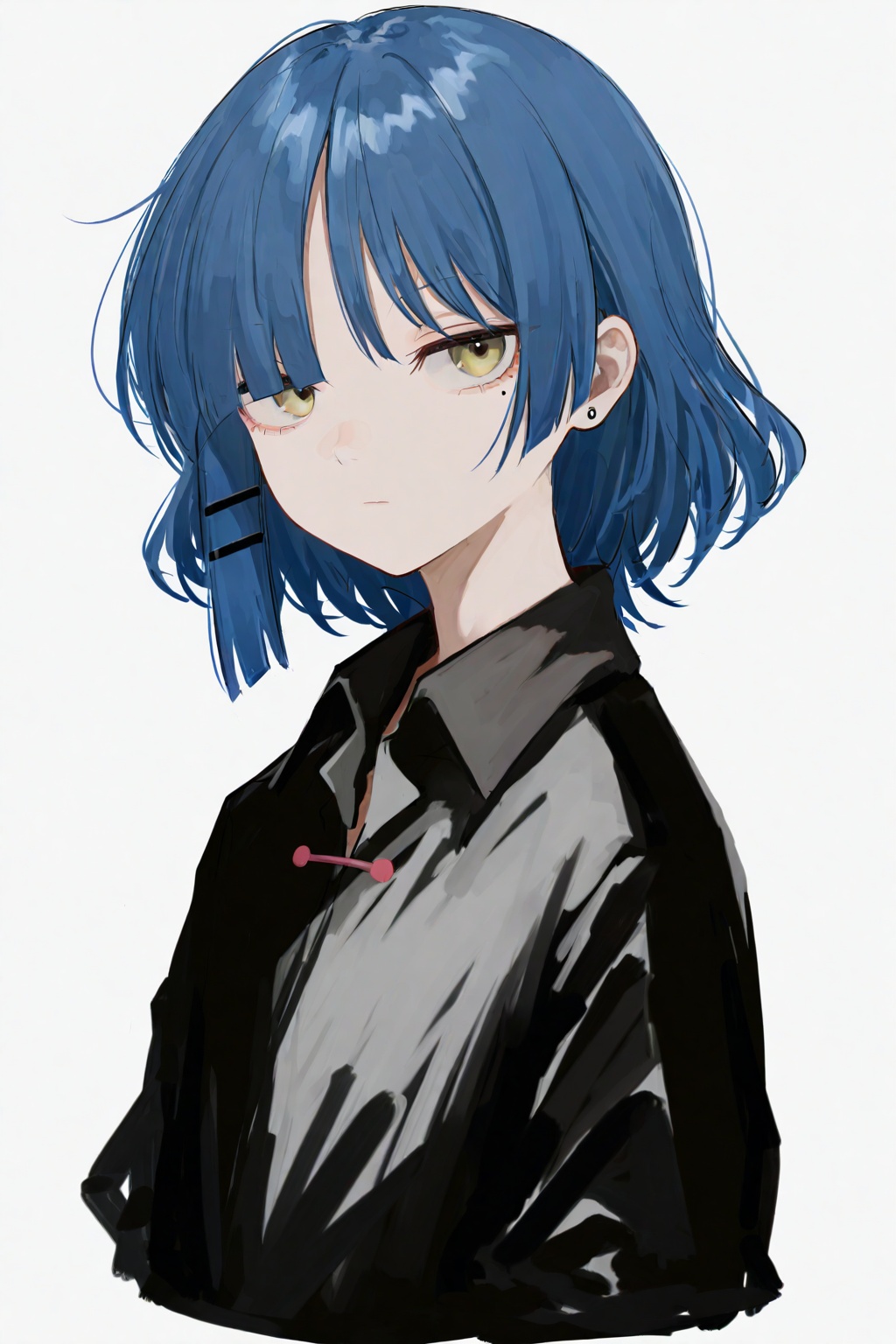highres,absurdres,Visual impact,masterpiece,amazing quality,best quality,very aesthetic,very awa,newest,<lora:pikuson-Style-000060:0.8>,1girl,yamada ryo,solo,blue hair,shirt,yellow eyes,simple background,looking at viewer,upper body,hair ornament,black shirt,short hair,hairclip,mole,collared shirt,mole under eye,white background,closed mouth,expressionless,cropped torso,medium hair,