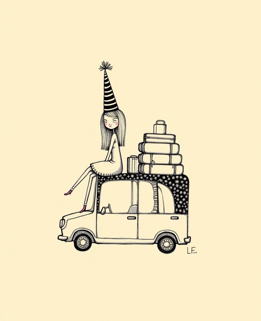 A whimsical, hand-drawn illustration of a girl wearing a tall, patterned party hat, sitting on top of a small, vintage-style car. The girl has long hair and is wearing a simple dress. The car is decorated with a patterned canopy and has a large stack of suitcases on the roof. The background is a plain beige color, and the drawing has a playful, cartoonish style with intricate line work and shading. The image is signed "L. F. 2011" in the bottom right corner. <lora:flux_线条插画:1>