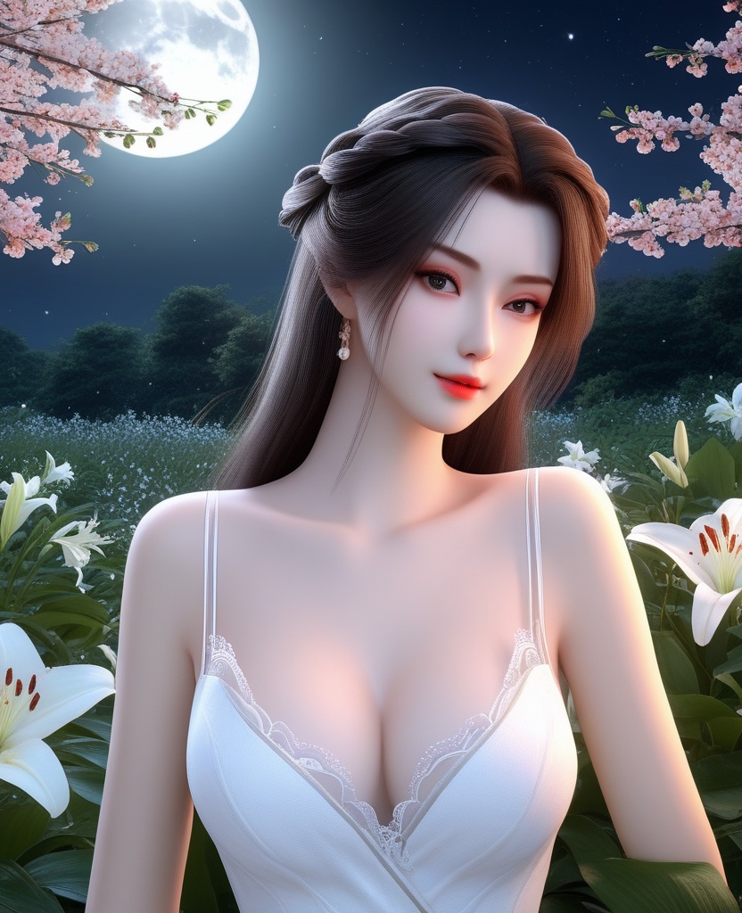 <lora:592-DA-XL-星辰变-姜立:0.8>(,1girl, ,best quality, ),looking at viewer,  ,ultra detailed background,ultra detailed background,ultra realistic 8k cg, , ,masterpiece, (( , )),, ultra realistic 8k cg, ,      ,lily \(flower\) ,full moon ,strawberry blossoms      (cleavage), (),