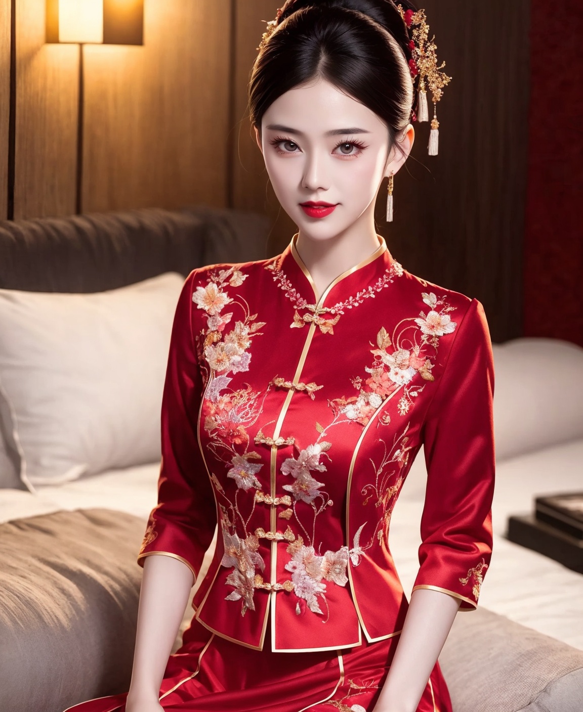 1 girl, Diamond earrings ,lipstick,,,,,black hair,,, ,embroider，solo，，transparent，red，Full breasts，printing，,solo，temperament ，cheongsam，Upper half photo，close-up，red dress，Close up，side，Side photo，red dress，sit on the bed， <lora:秀禾服床上1.1:1>