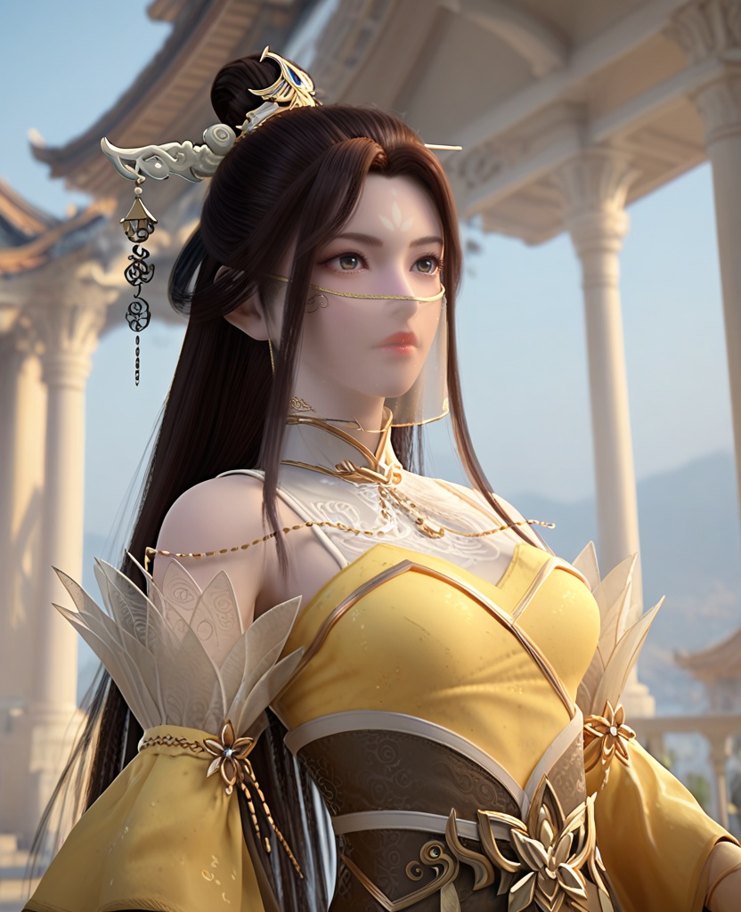 (oriental architecture, elegant decor, sophisticated style:1.1),diving from the sky,(breasts:1.2),<lora:XL完美世界凤舞>,miss fengwu,solo,yellow dress,chain ornament,sash,brown eyes,forehead mark,mouth veil,black hair,long hair,hanging hair,hair stick,hair bun,detached sleeves,wide sleeves,wristband,thighhighs,tassel,, zPDXL2, score_9, score_8_up, score_7_up BREAK realistic, masterpiece,best quality, highly detailed,, zPDXL3, zPDXL2,zPDXL, zPDXLxxx, zPDXLrl,
