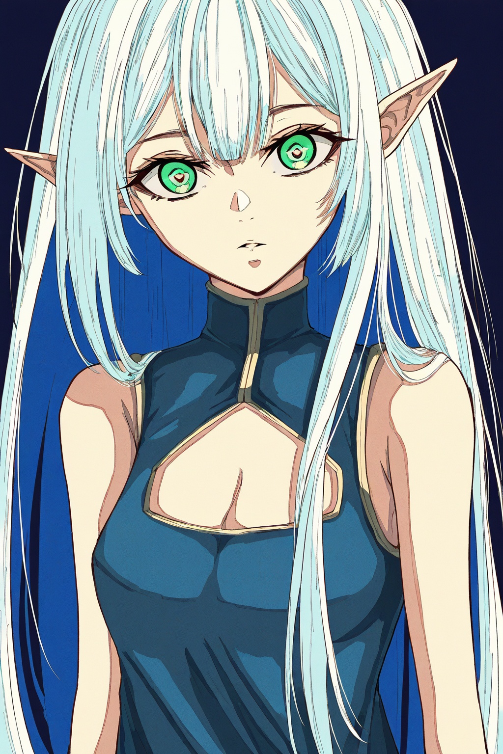 Android,A digital illustration shoot from a portrait angle about a character with blue hair and pointed ears, wearing a sleeveless outfit with a heart-shaped design. in the middle of the image, a young woman appears to be in her early twenties, with light skin and green eyes. she has a serious expression and is looking directly at the viewer. her hair is styled in a long, flowing manner, and she has pointed ears. her body is slim, and her expression is neutral. she is wearing a brown, sleeveled dress with a high neckline and a small chest cutout. the background is a gradient of black and dark, with a subtle gradient effect. the style is reminiscent of anime or manga, with detailed shading and highlights.1girl, solo, long hair, breasts, looking at viewer, simple background, shirt, blue hair, closed mouth, bare shoulders, medium breasts, green eyes, upper body, white hair, blue shirt, parted lips, pointy ears