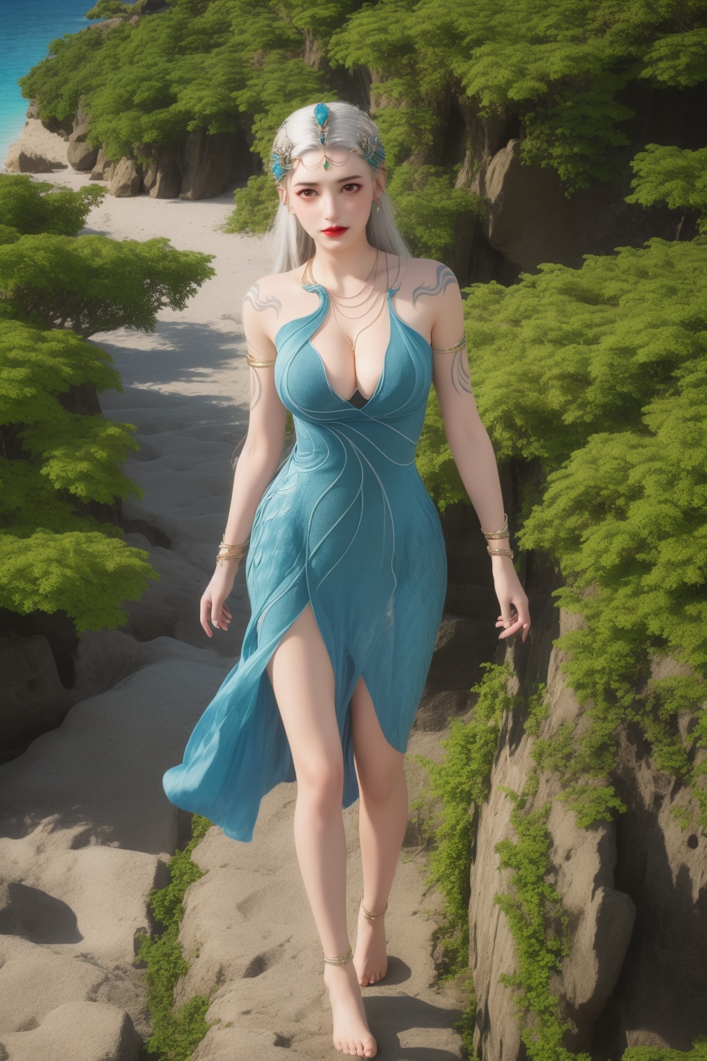 photo_\(medium\),(8k, RAW photo, best_quality),(masterpiece:1.2),(realistic:1.2),(photorealistic:1.3),(ultra-detailed),(extremely_detailed_cg_8k_wallpaper),(crystal_texture_skin:1.3),(shiny:1.2),(shiny_skin:1.4),(extremely_delicate_and_beautiful),shenfengQinYao,1girl,solo,blue dress,torogao,bouncing breasts,cleavage,armlet,tattoo,bracelet,standing,white hair,barefoot,anklet,jewelry,hair ornament,earrings,red lips,realistic,looking at viewer,summer,beach,sea,sunshine,<lora:shenfengQinYao_20240524201339-000005:0.7>,