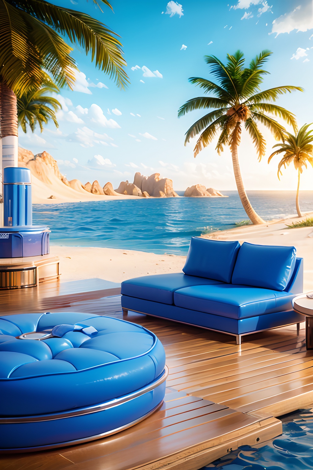 amazing,\(best quality:1.2\),Best quality,still life,3d scene,outdoors,sky,day,cloud,water,tree,blue sky,no humans,ocean,beach,sand,palm tree,lifebuoy,