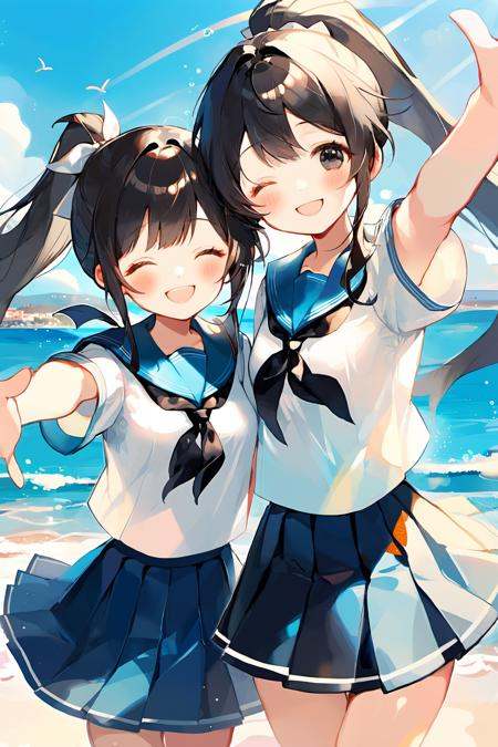 masterpiece, cute style, aesthetic style, 2girls, beach, black eyes, black hair, neckerchief, blue sailor collar, blue skirt, closed eyes, long hair, looking at viewer, ocean,  outdoors, outstretched arms, ponytail, school uniform, serafuku, short sleeves, sky, smile, white sailor collar, white shirt