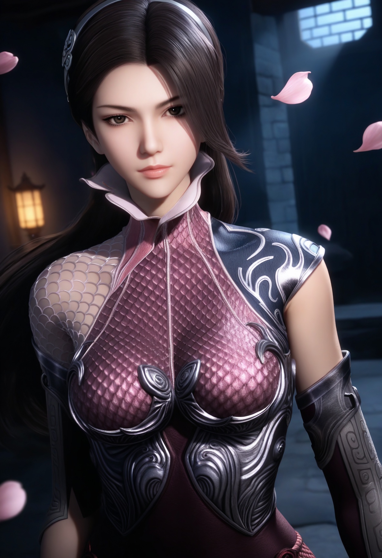 masterpiece,best quality,amazing quality,very aesthetic,high resolution,ultra-detailed,absurdres,scenery,photorealistic,(looking at viewer:1.1),upper body,(Dark room:1.3),(moody lighting:1.1),peach blossom,falling petals,(large breasts:0.8),tianyan,1girl,solo,long hair,black hair,armor,brown eyes,brown hair,hair ornament,bodysuit,fishnets,fishnet pantyhose,dress,gloves,black eyes,high collar,hairband,elbow gloves,high heels BREAK photorealistic details,<lora:QQSilltianyanV1:0.8>,