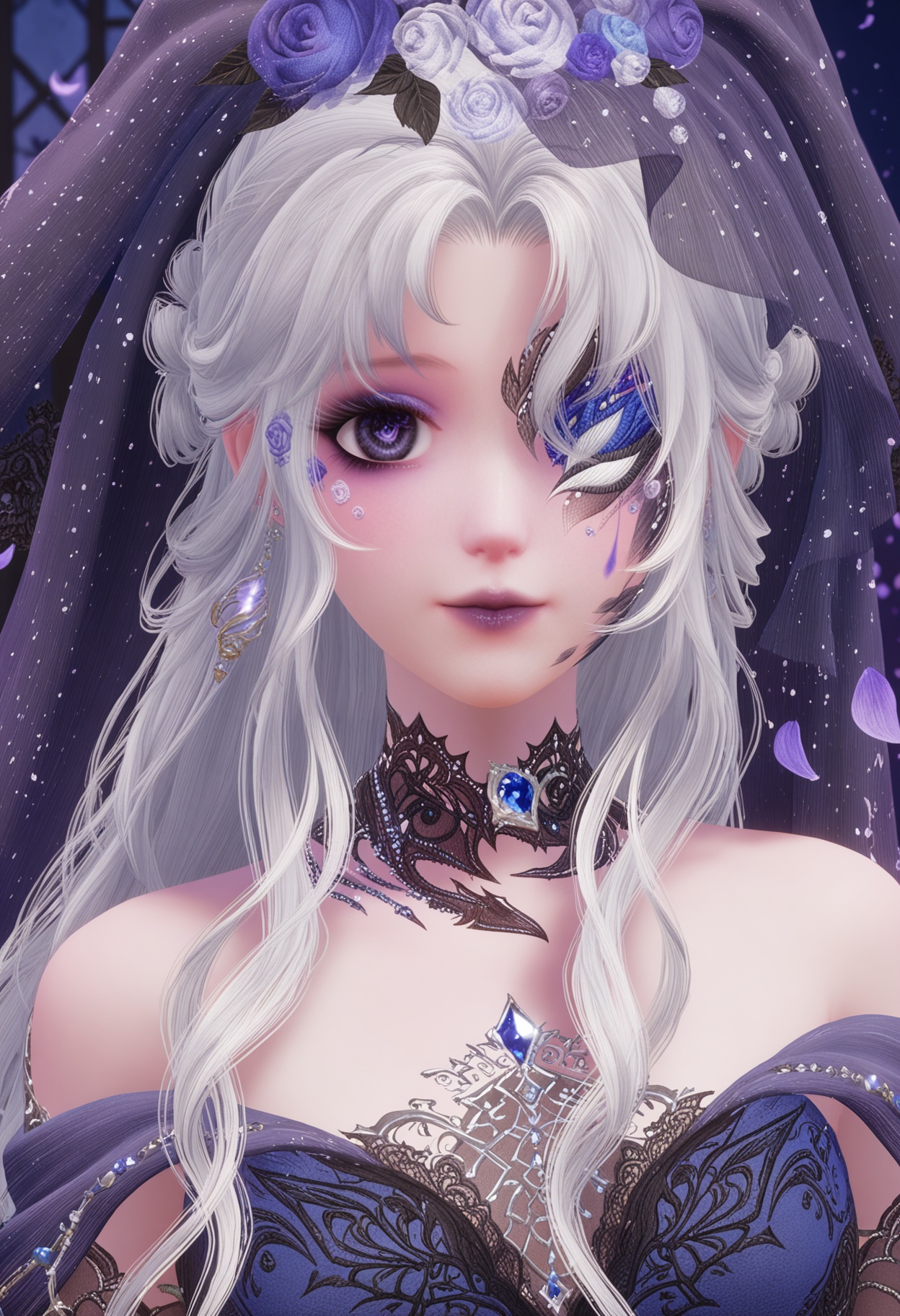 (upper_body:1.2),(looking at viewer:1.1),masterpiece,(best quality),smog,Dark room,dim lighting,peach blossom,falling petals,<lora:YQ_Illustrious光辉v5_暖暖36_V1:0.8>,q1528437228,1girl,solo,jewelry,long hair,white hair,purple eyes,dress,hair flower,hair ornament,makeup,earrings,gloves,ring,eyepatch,petals,purple lips,bridal gauntlets,pointy ears,blue eyes,grey hair,high heels,one eye covered,choker,pantyhose,long dress,bridal veil,fingerless gloves,necklace,fine fabric emphasis,bow,braid,eyeshadow,