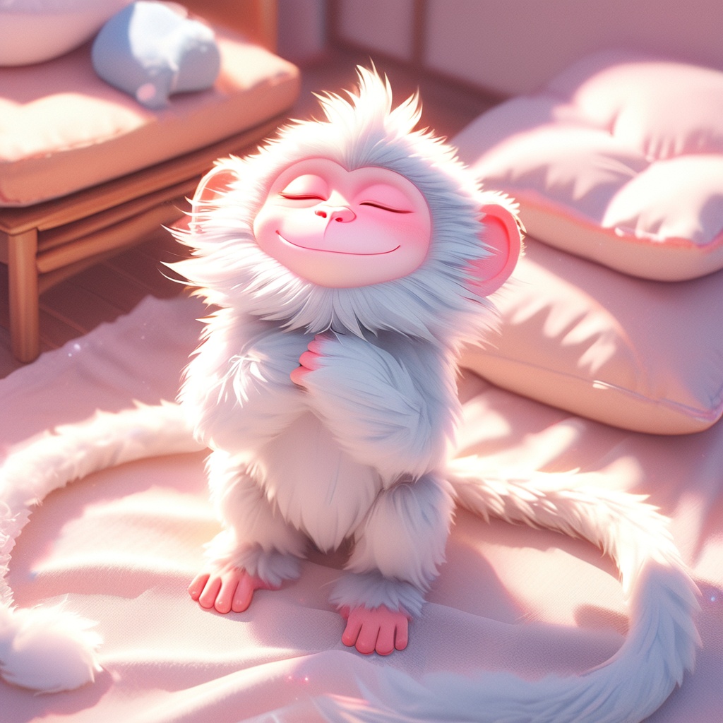 shenhou,monkey,fluffy,sunlight,light particles,whiskers,cute,cc-color-correction,mf-movie-filter,warm colors,whimsy and dramatic lighting,white fur,soft lighting,monkey focus,no humans,closed eyes,blurry,closed mouth,indoors,sleeping,smile,sitting,full body,pillow,cup,,<lora:shenhou_xl:0.8>,