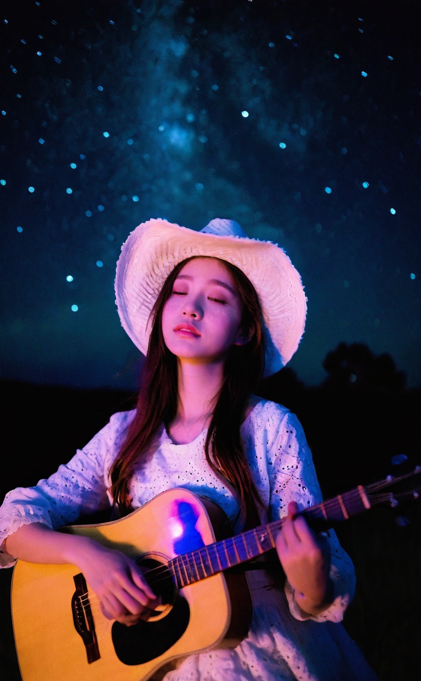 mugglelight,mugglelight,a girl in a cowboy hat playing guitar under a starry night sky,1girl,solo,cowboy hat,guitar,country music,starlight,night,western,outdoor performance,music lover,(close up:1.4),