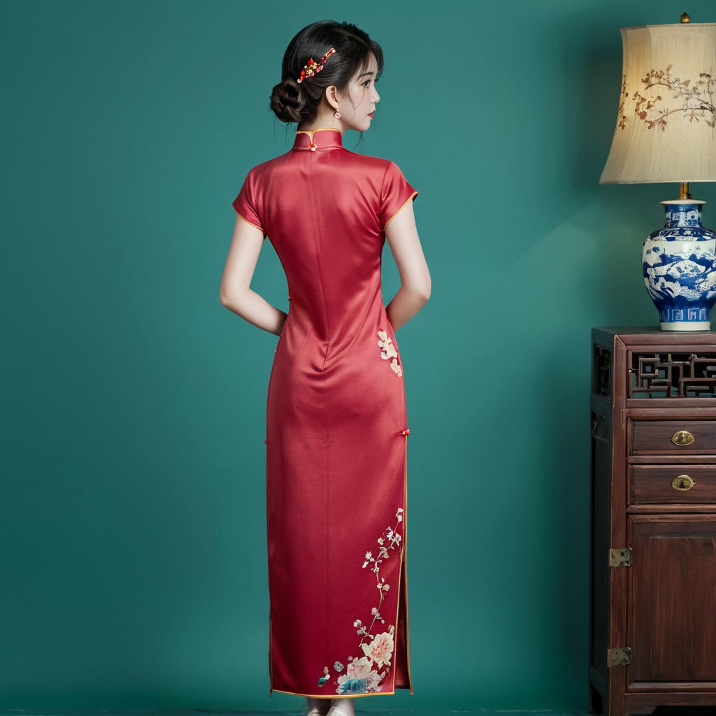 (Solo),from behind, full body, a 20-year-old beautiful idol girl wearing cheongsam, simple background, indoor, standing,